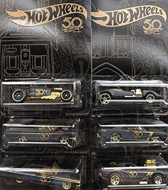 New 1:64 Hot Wheels 50th Anniversary Black & Gold Collection - Bone Shaker, Twin Mill, Rodger Dodger, Dodge Dart, Impala & Ford Ranchero Set of 6pcs Diecast Model Car By HotWheels