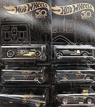 New 1:64 Hot Wheels 50th Anniversary Black & Gold Collection - Bone Shaker, Twin Mill, Rodger Dodger, Dodge Dart, Impala & Ford Ranchero Set of 6pcs Diecast Model Car By HotWheels
