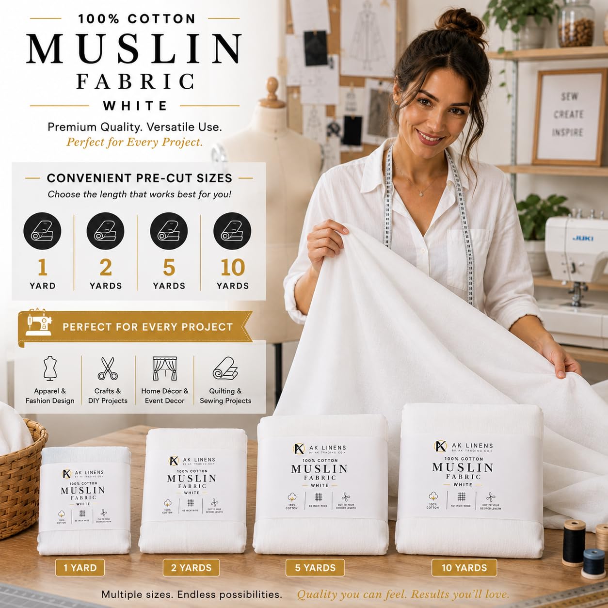AK TRADING CO. Musselin-Stoff/Textil, gebleicht – Drapierstoff – weiß gebleicht – mittelschwer – 100% Baumwolle (152,4 cm breit)