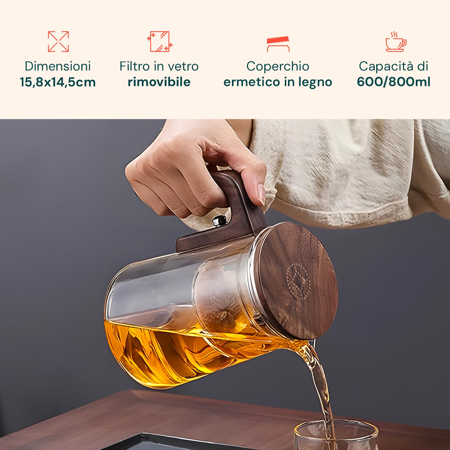 Avilia - Teiera in Vetro con Infusore da 600/800ml con Manico Effetto Legno Antiscottatura, Infusore a Pressione Integrato per Tè e Tisane, Chiusura Ermetica, Facile da Usare e da Pulire