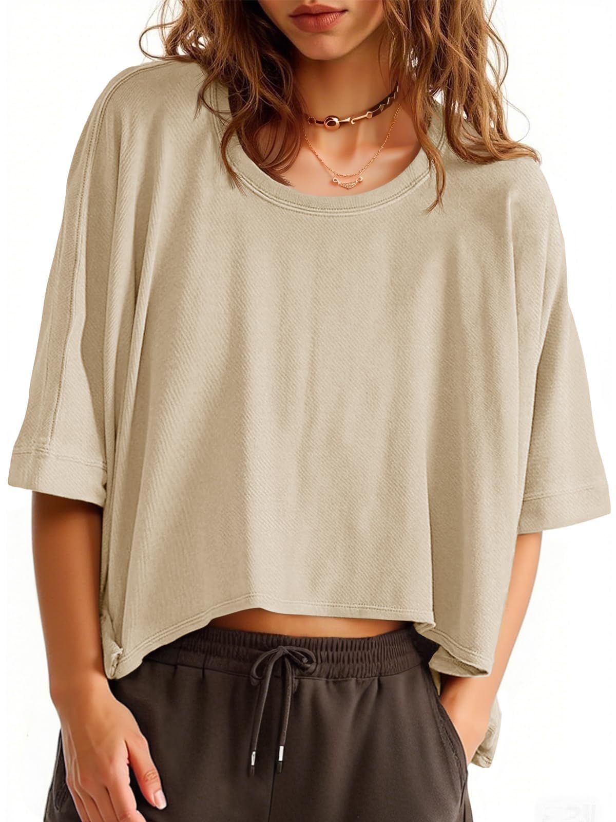 Tankaneo Womens Oversized T-Shirts Cropped Summer Casual Short Sleeve Loose Fit Tee Tops