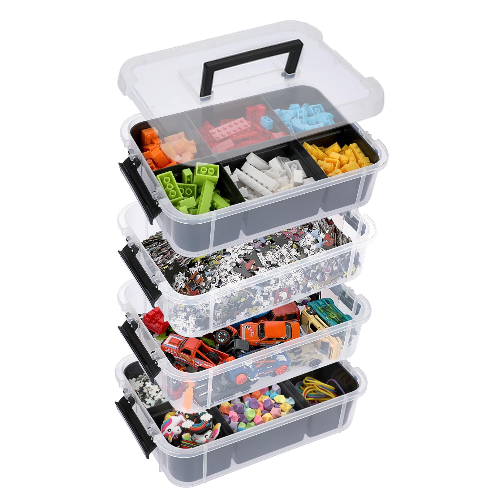 IGNPION Stapelbare Aufbewahrungsbox, 4-Ebenen-Verstellbare Kunststoff-Aufbewahrungsbox mit Tragegriff Transparente Organizer-Behälter für Kunst- und Bastelarbeiten, Spielzeug, Nähzubehör (Schwarz)
