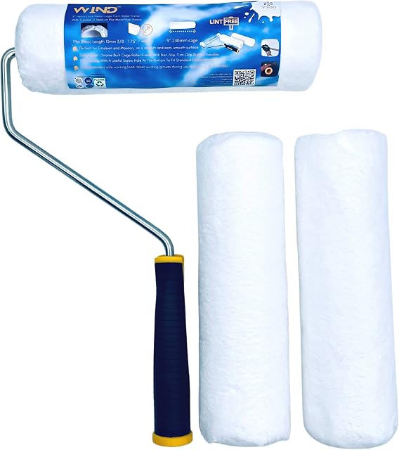 Yllee® Wind Premium Quality Wire Cage Wall Paint Roller Frame with 3X 3/8 Inch (10mm) Nap Medium Pile Microfibre Paint Roller Sleeve - 9 Inch (230mm) X 1.75 Inch (44mm) Dia - All Paint Types