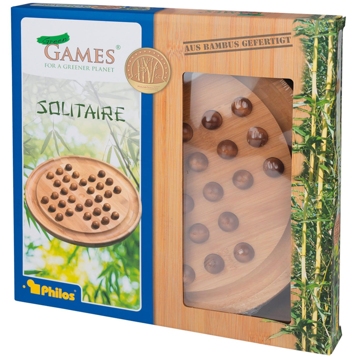 Philos Solitario De Bambú Con Canicas De Madera – Tablero De 28.5 Cm, Juego De Lógica Para Un Jugador, A Partir De 15 Años