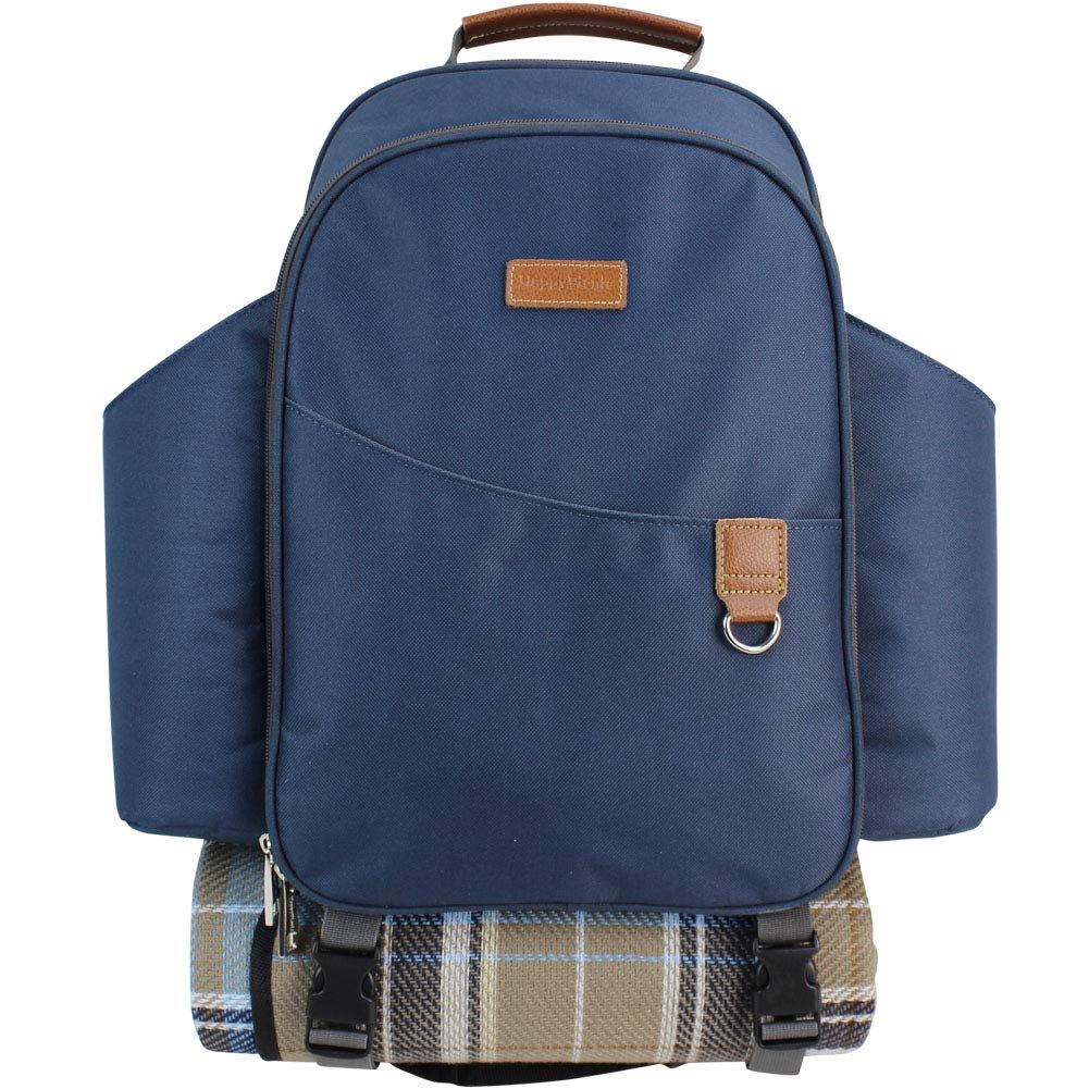 HappyPicnic Insulated Picnic Backpack for 2 Persons with Full Set of Tablewares, Roomy Cooler Compartment, Bottle Holders and Large Waterproof Picnic Rug (Navy Blue)