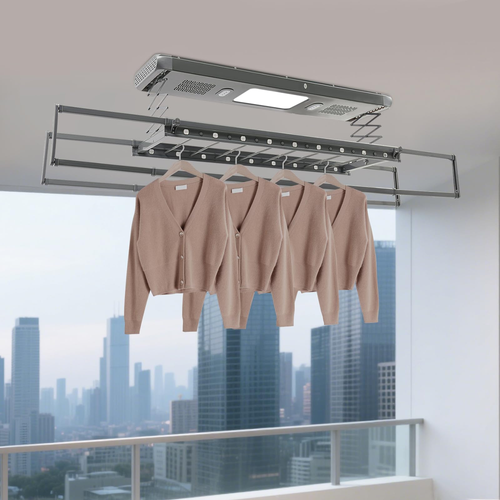Elektrischer Wäscheständer, Wäascheständer Decke mit Fernbedienung Ventilator LED-Beleuchtung, Kleiderstange 130-215 cm Einstellbare, 50m Fernbedienung, für Wand und Decke (Grau)