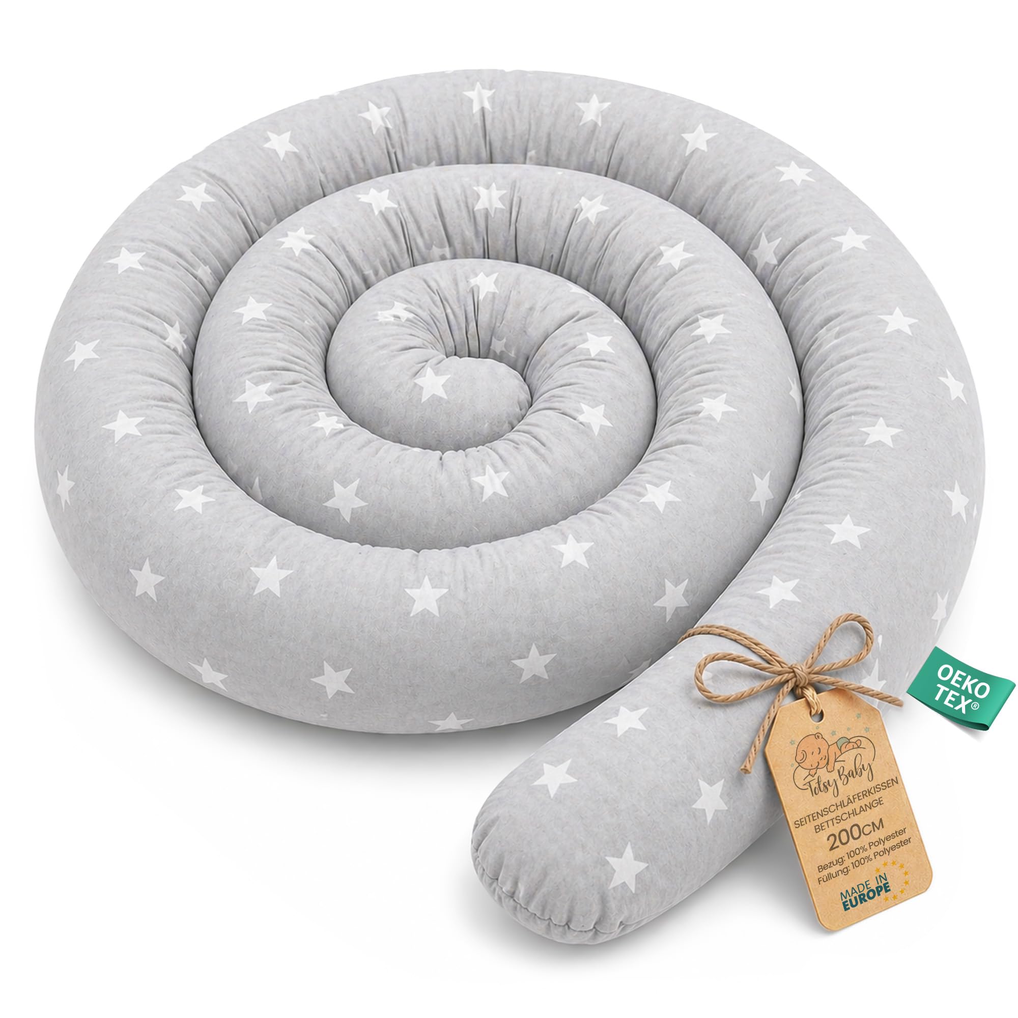 Totsy Baby Cuscino XXL a forma di serpente per letto, cuscino da allattamento, cuscino decorativo, protezione per il bordo del letto, paracolpi XL Stelle bianche su grigio 200 cm Certificato Oeko-Tex