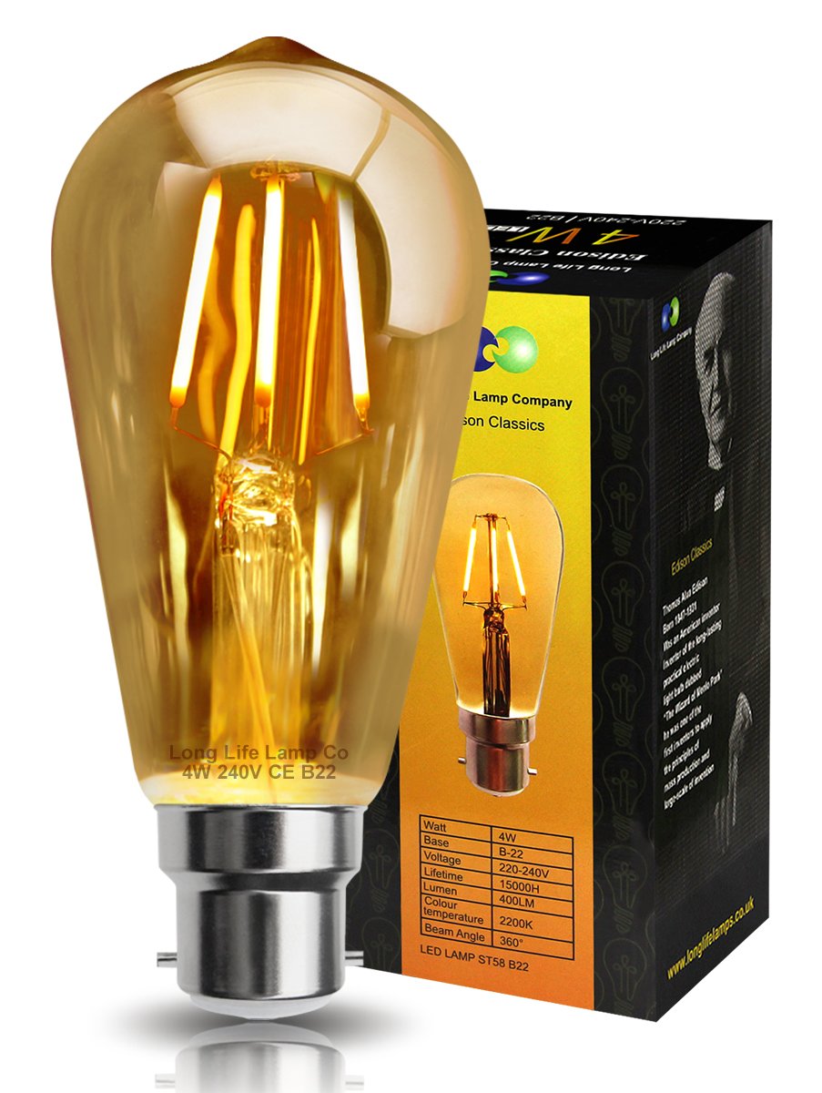 Long Life Lamp Company Warm White Retro Vintage Led 4W Squirrel Cage Edison Style Filament Bulb Smoked Gold Glass St58 B22 Bayonet