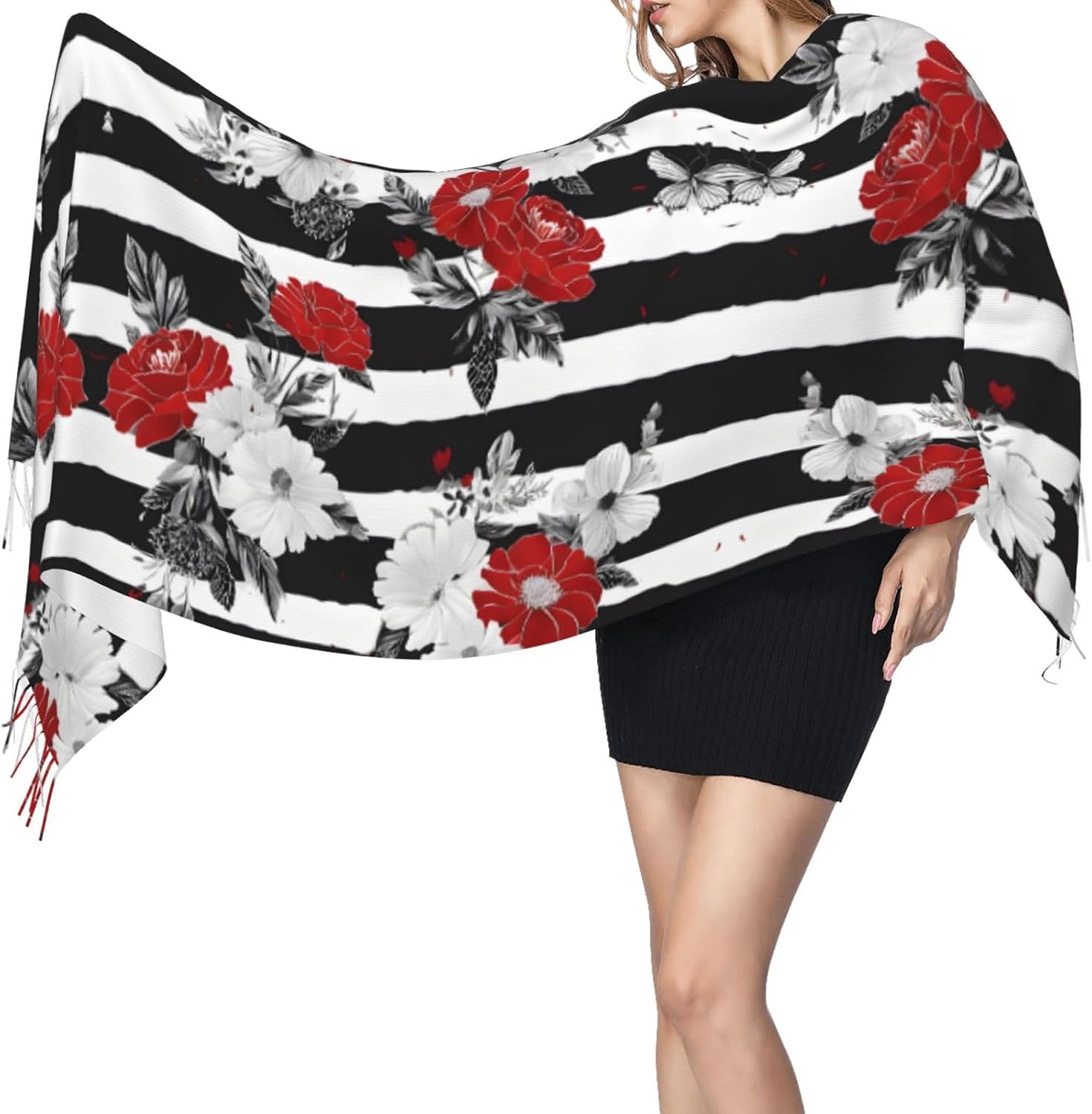 (Black White Stripes Red Rose Flowers) Women's Soft Warm Scarf Large Plush Shawl Wrap with Fringe Fashion Winter Scarves for Cold Weather