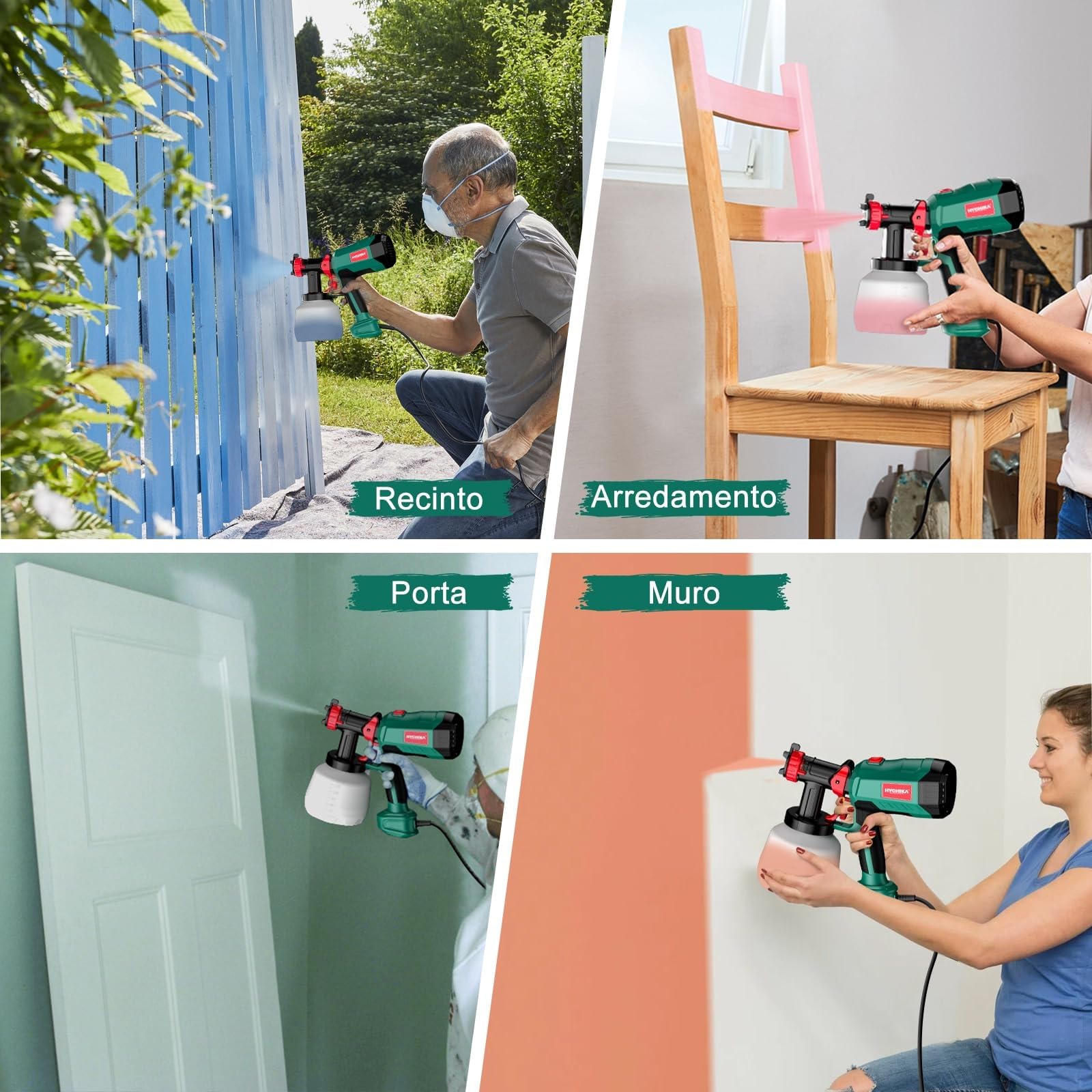 HYCHIKA Pistola per verniciare da 600W, Pistola a spruzzo per verniciare HVLP con contenitore da 1200ml, 4 ugelli, 3 modalità, ideale per la verniciatura di mobili, recinzioni, pareti