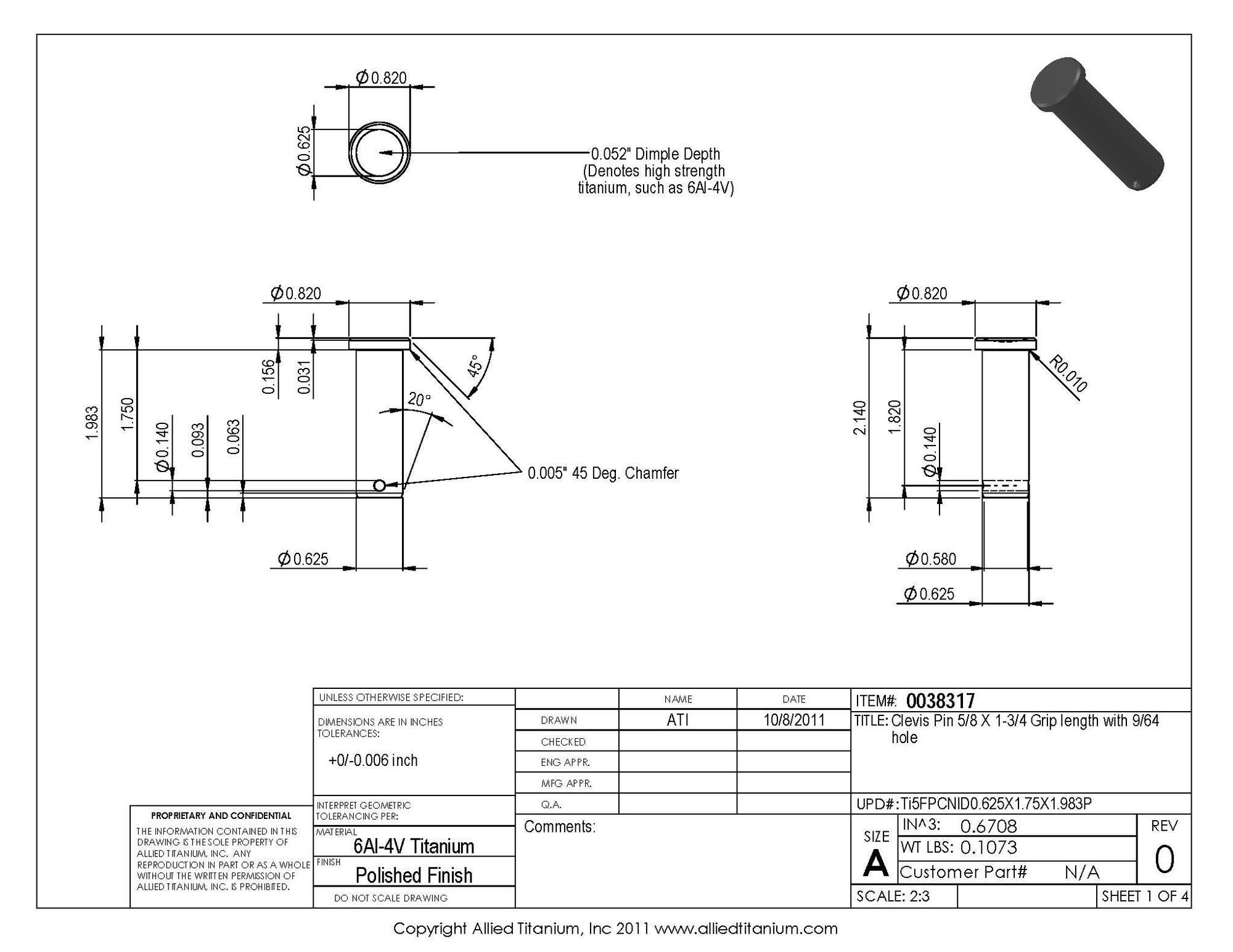 Allied Titanium 0038317, (Pack of 6) Titanium Clevis Pin 5/8 X 1-3/4 Grip Length with 9/64 Hole, Grade 5 (Ti-6Al-4V)