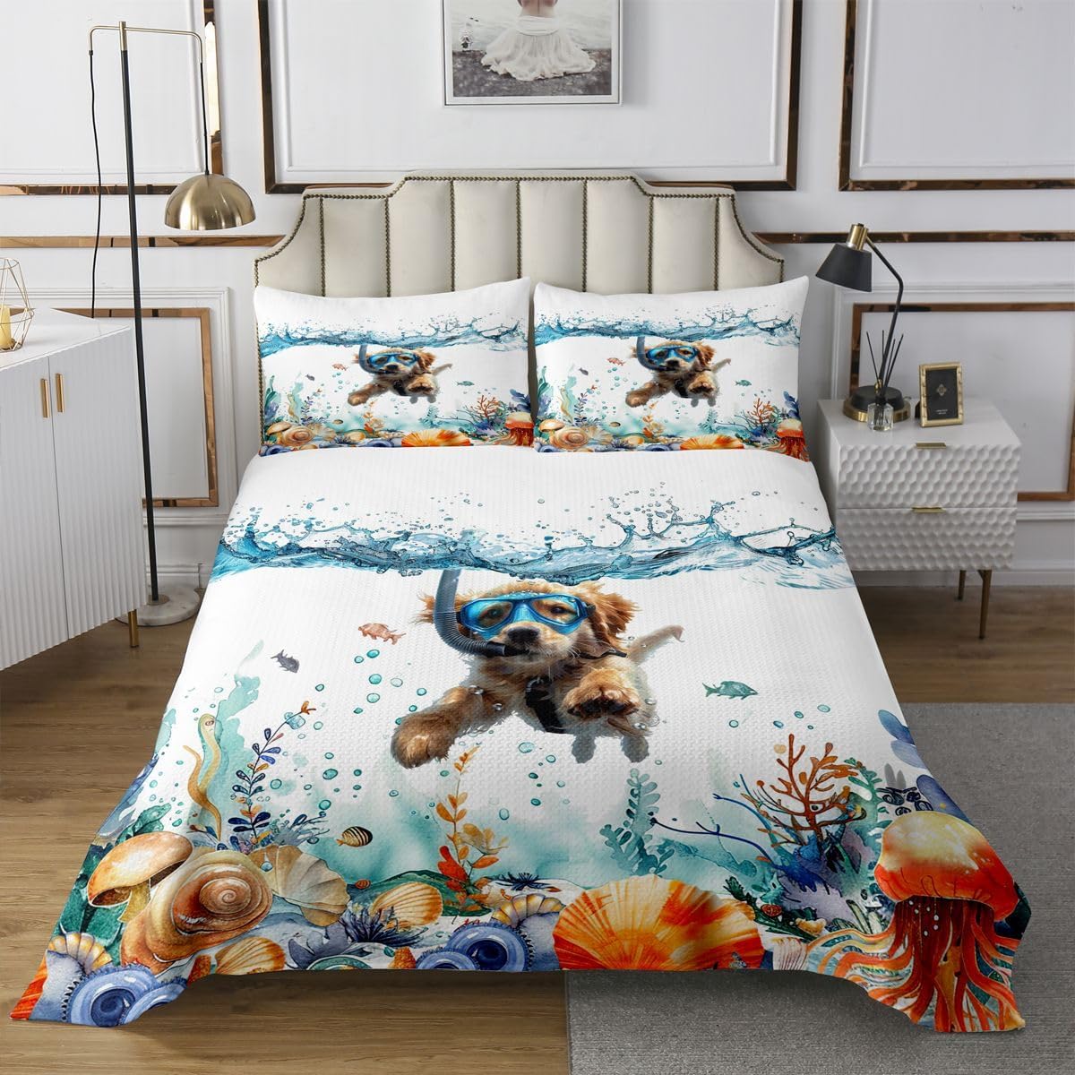 Homewish Swimming Dog Quilt Sets Twin Size,Ocean Diving Dog Bedspread Coverlet 2Pcs for Kids Girls Boys Room Decor,Sea Coral Shell Jellyfish Quilts Set Pet Animal Bedding Comforter,1 Pillowcase