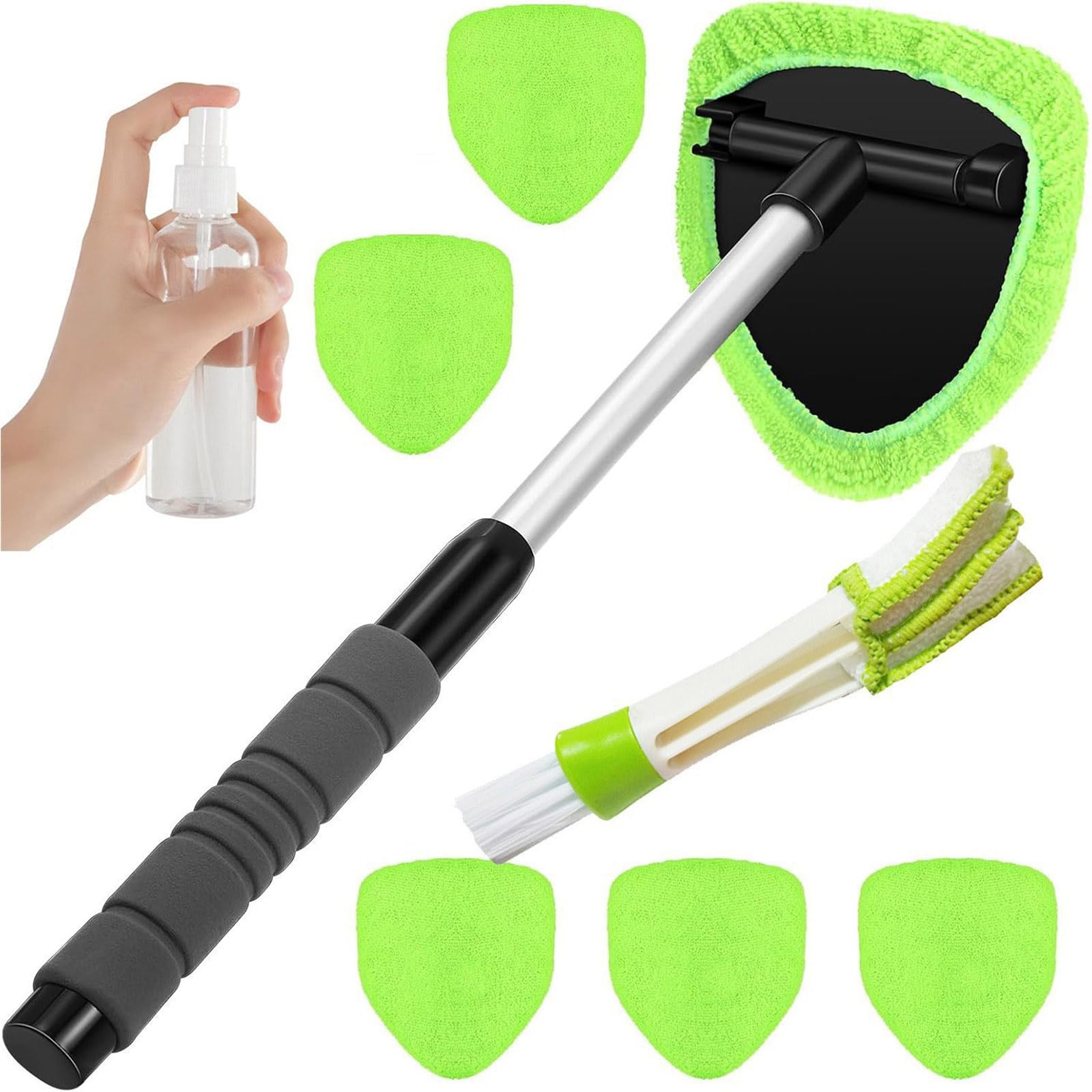 Nvoqilin Green Extendable Windshield Cleaner With Rotating Head And 6 Microfiber Pad For All Vehicle Type
