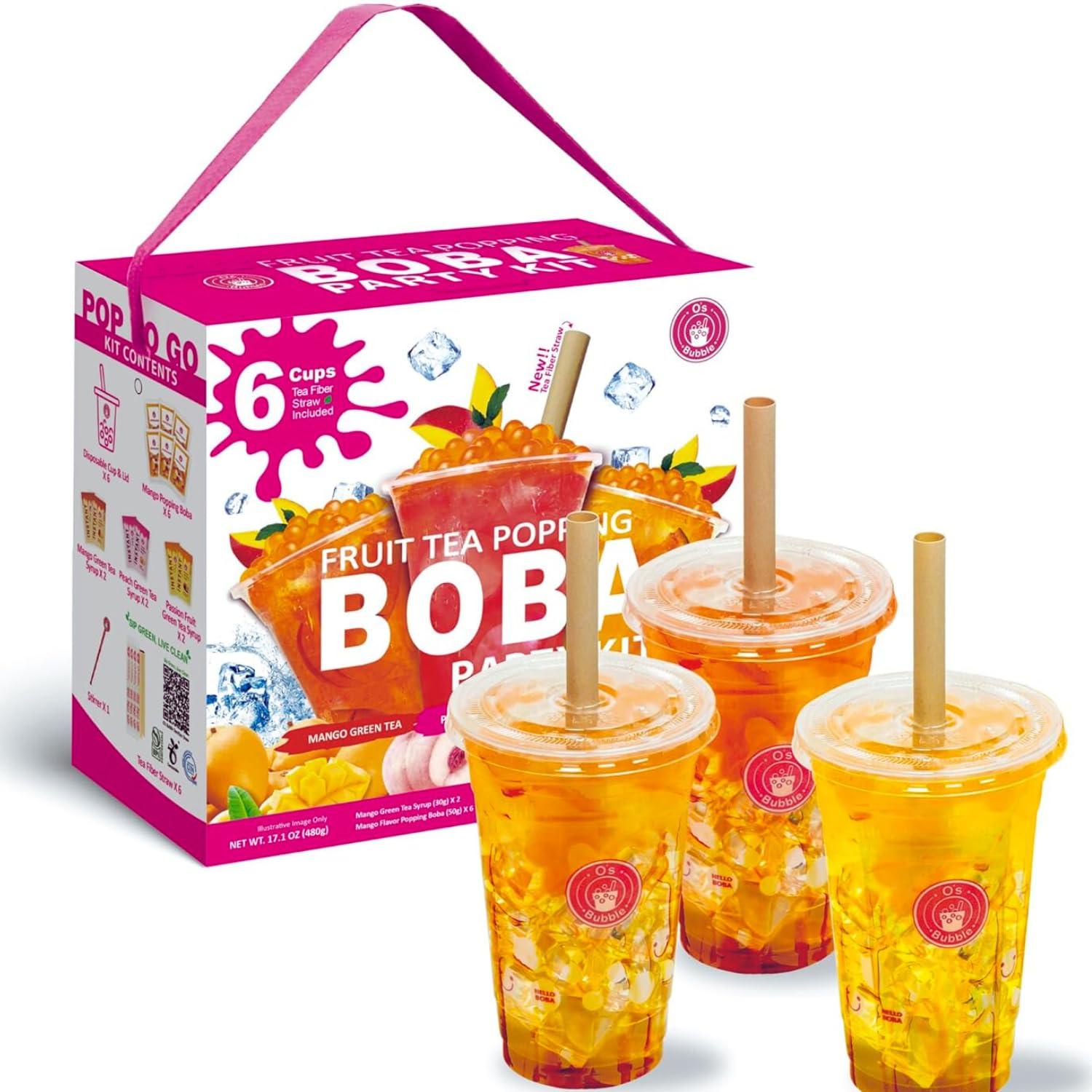 O's Bubble Boba Tea Kit - 6 Servings Bubble Tea Kit - Popping Boba Party Kit - 3 flavors Popping Boba Kit