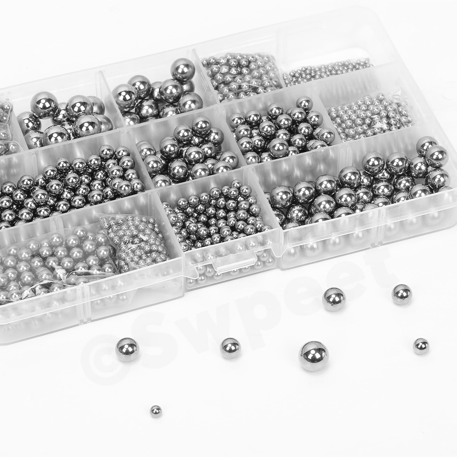 Swpeet 510Pcs 11 dimensioni 2-8mm Kit assortimento palle di cuscinetto in acciaio cromato di precisione metrica, palle di cuscinetto per biciclette, 2mm 2,5mm 3mm 3,5mm 4mm 4,5mm 5mm 5,5mm 6mm 7mm 8mm