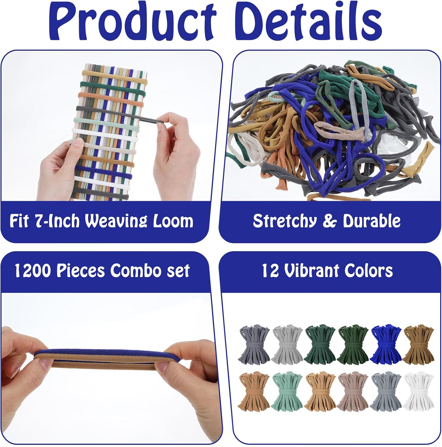 1200 Pcs Weaving Loom Refill Loops, 7 Inch Potholder Loops PU Elastic Colorful Loom Rubber Bands Colorful DIY Weaving Craft Bands for Adults, Craft Enthusiasts (12 Colors)