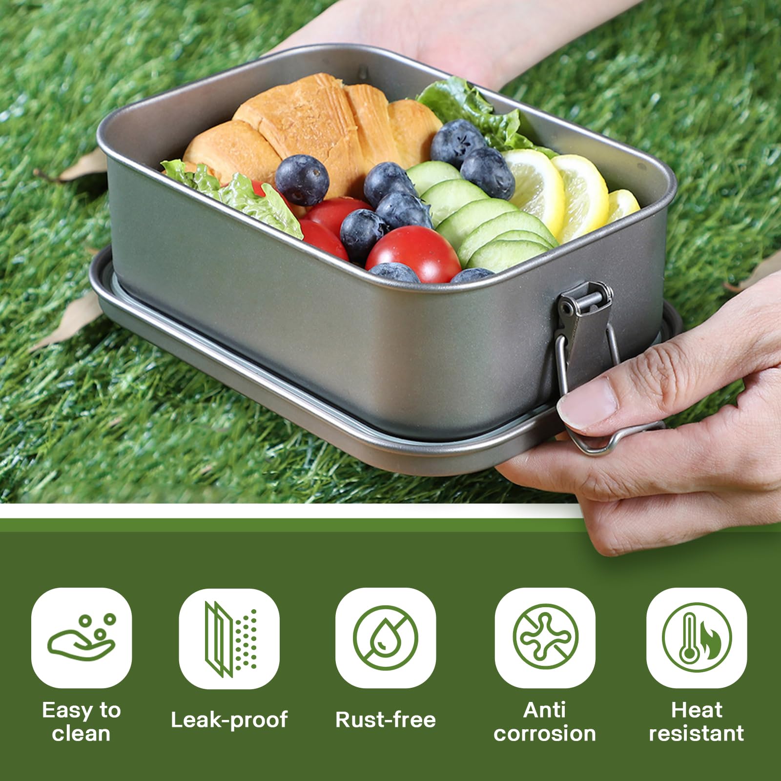 Boîte à bento en titane pur avec poignée pliable, 3 tailles, multi-usages pour pique-nique, randonnée, voyage (taille L)