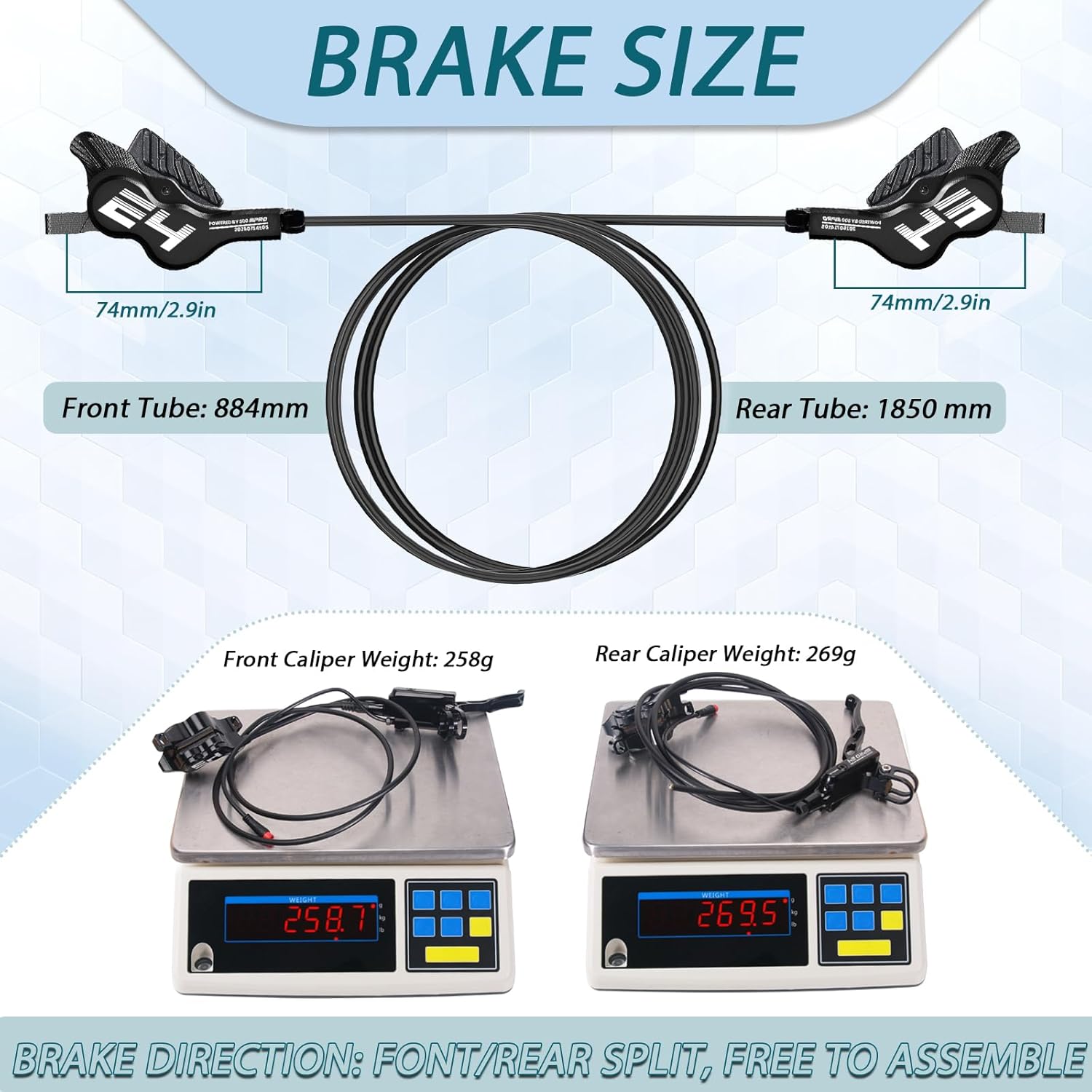 BUCKLOS IIIPRO E500 2-PIN 4 Pistons E-Bike Electric Power Off Hydraulic Disc Brake Set, MTB Left Front 884mm Right Rear 1850mm Aluminum Alloy Caliper Lever for ebike/Scooter/Mountain Bike