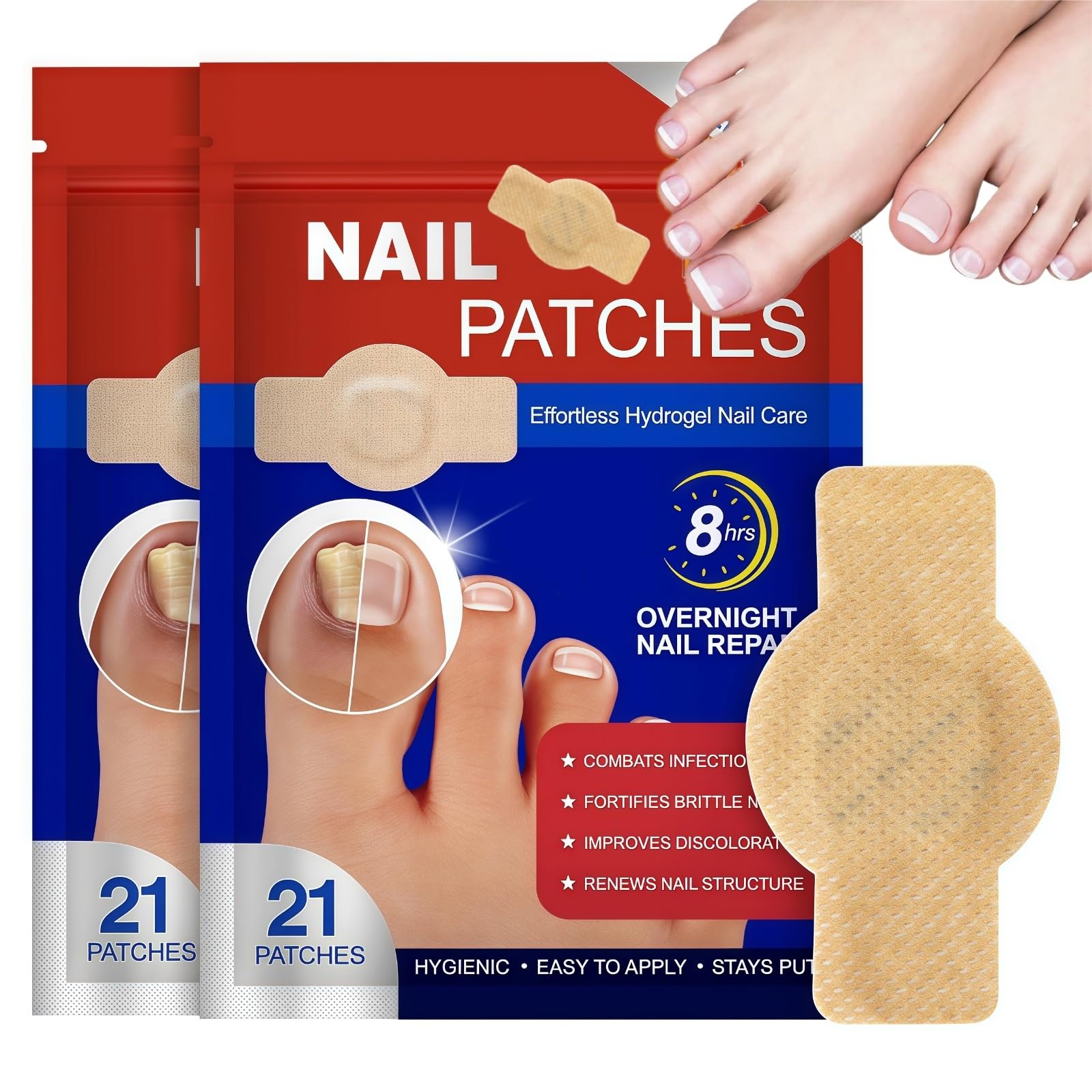 Fungal Nail Patches for Toenails, 42 Count - Nail Repair Patches with 8-Hour Adhesion, for Discolored & Damaged Toenails Care, Overnight Renewal for