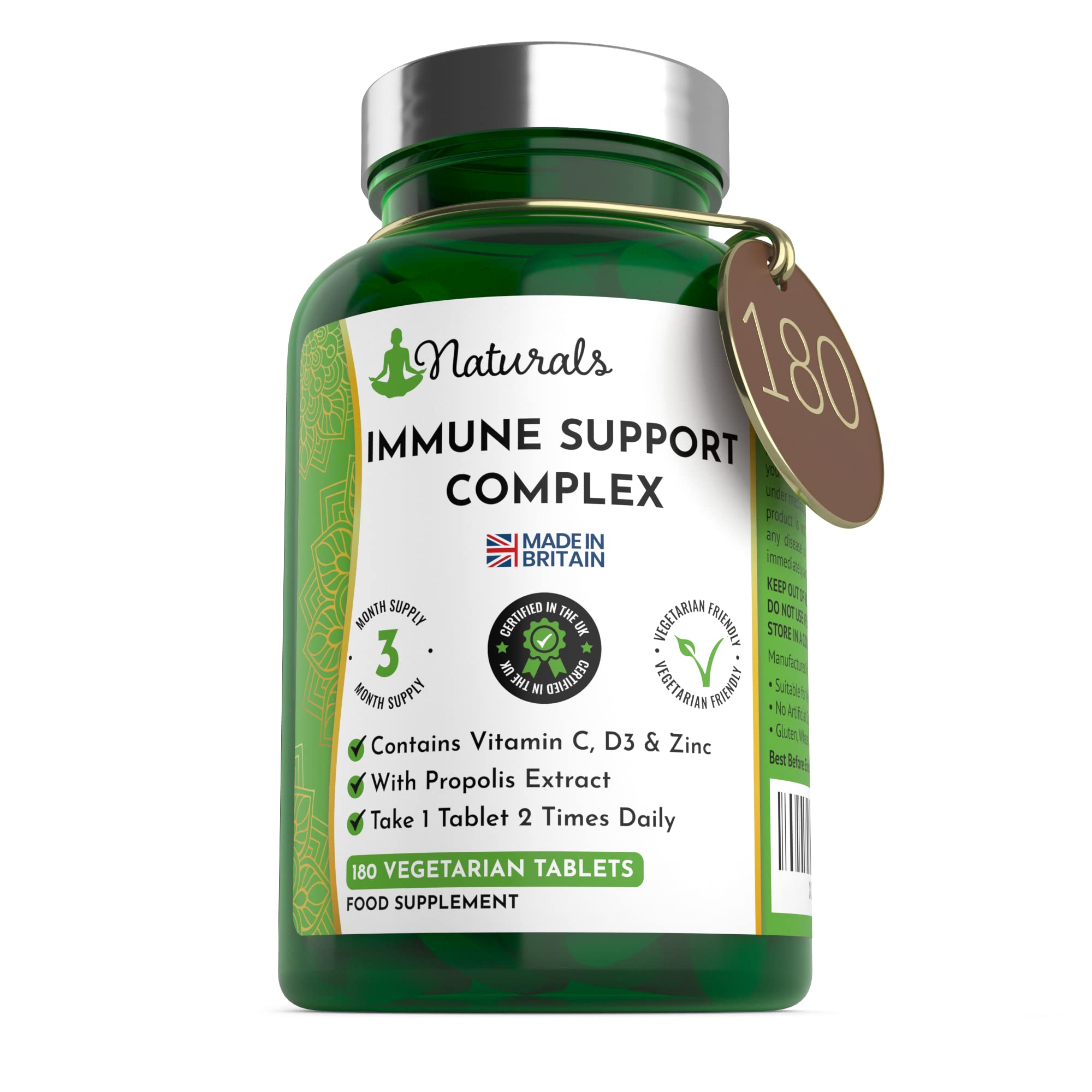 180 Immune Support Complex Tablets - (3 Months Supply) Vegetarian Multivitamin Immune Booster Supplement with Bee Propolis Extract, Vitamin C, Vitamin D3 and Zinc
