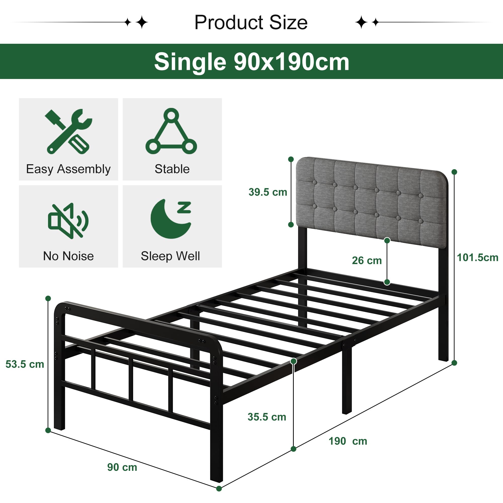 EMODA Struttura letto in metallo con testiera e pediera imbottite, struttural letto in matallo alta 36 cm, 90 x 190 cm con supporto a doghe in acciaio resistente, silenziosa, facile da montare