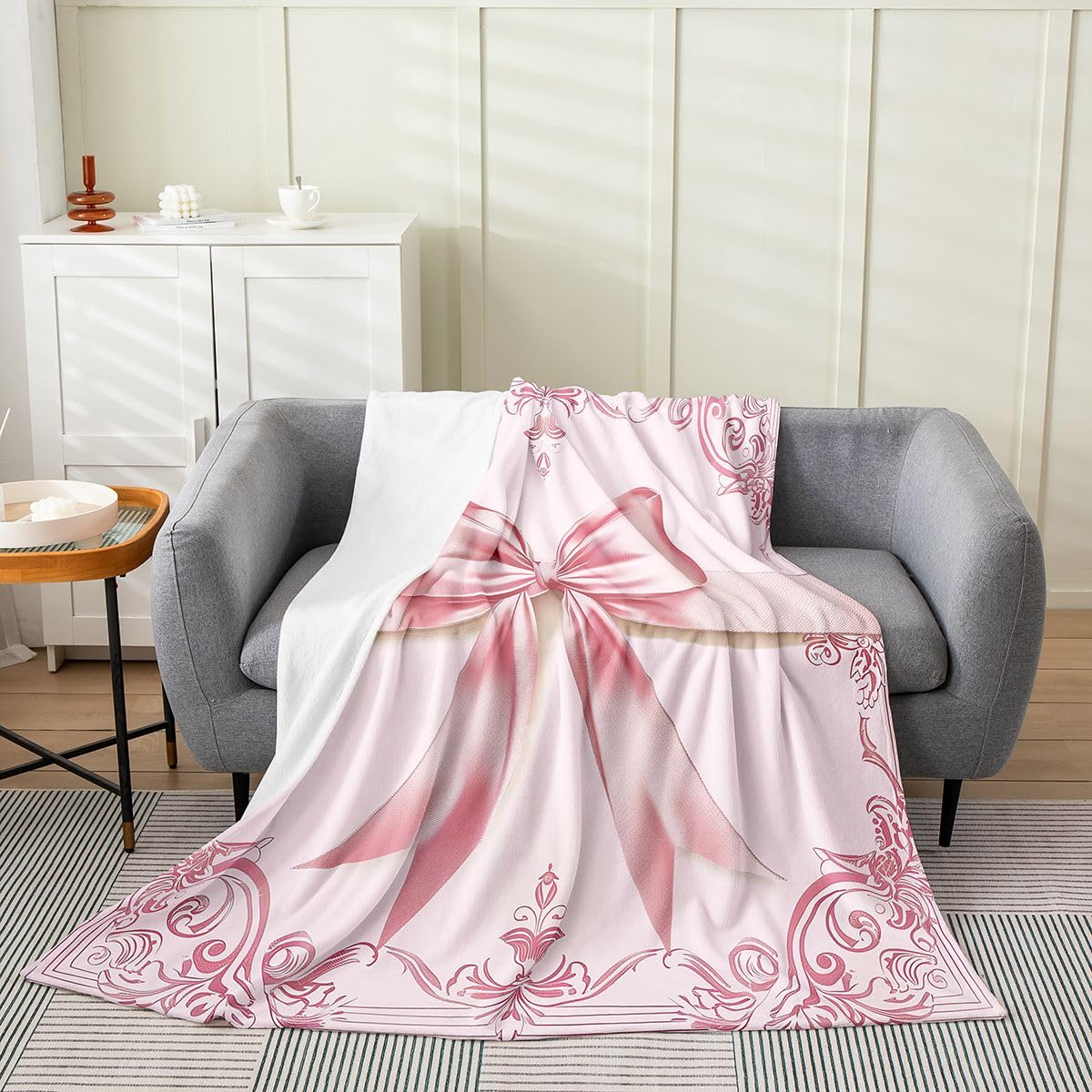 Pink Bowknot Bed Blanket,Damask Flower Flannel Blanket for Bedroom Decor,Kawaii Ribbon Bow Bedding Set for Kids Adults,Super Soft,Twin 60"x80"