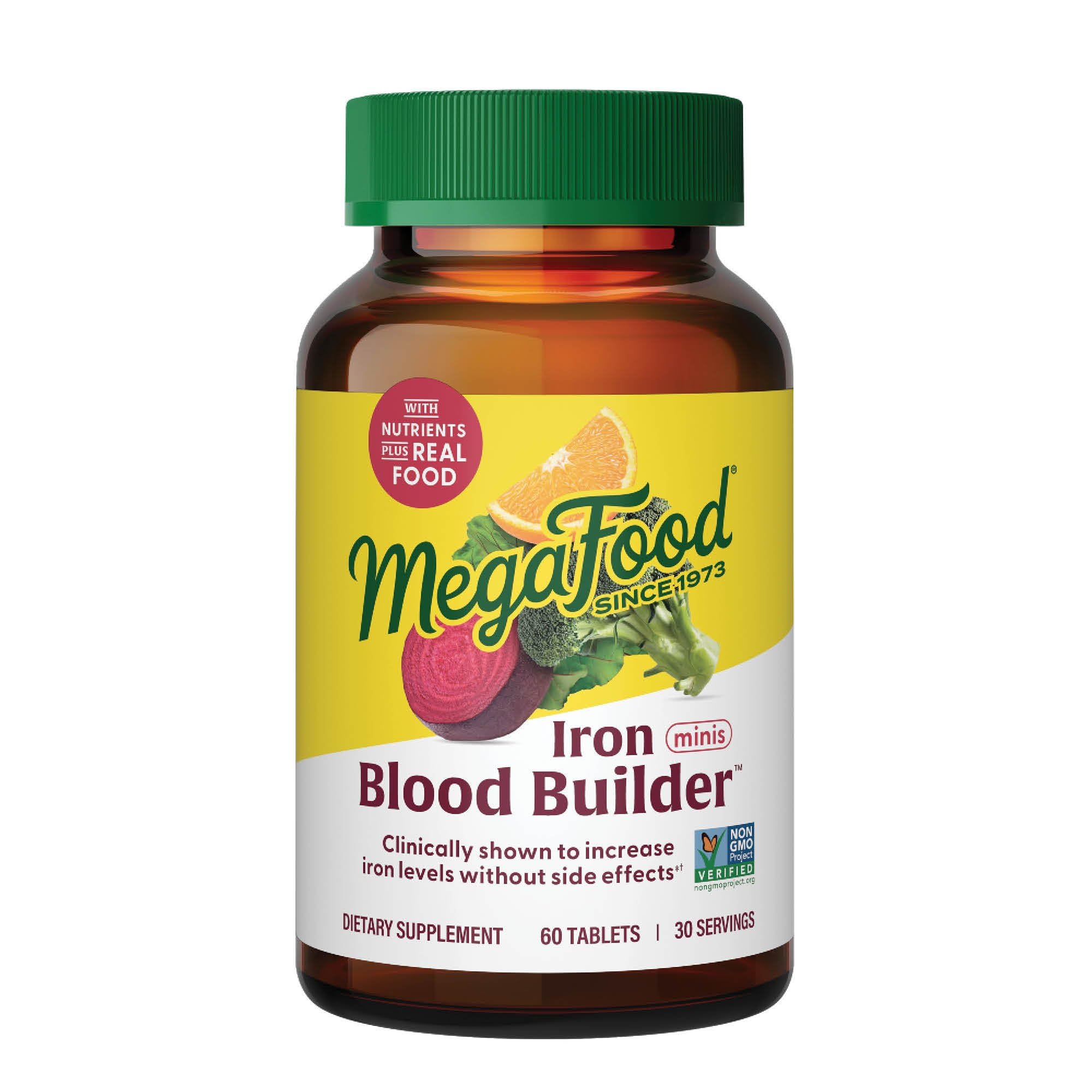 MegaFood Blood Builder Minis - Iron Supplement Clinically Shown to Increase Iron Levels Without Side Effects - Iron With Vitamin C, Vitamin B12 & Folic Acid - Vegan - 60 Tablets (30 servings)