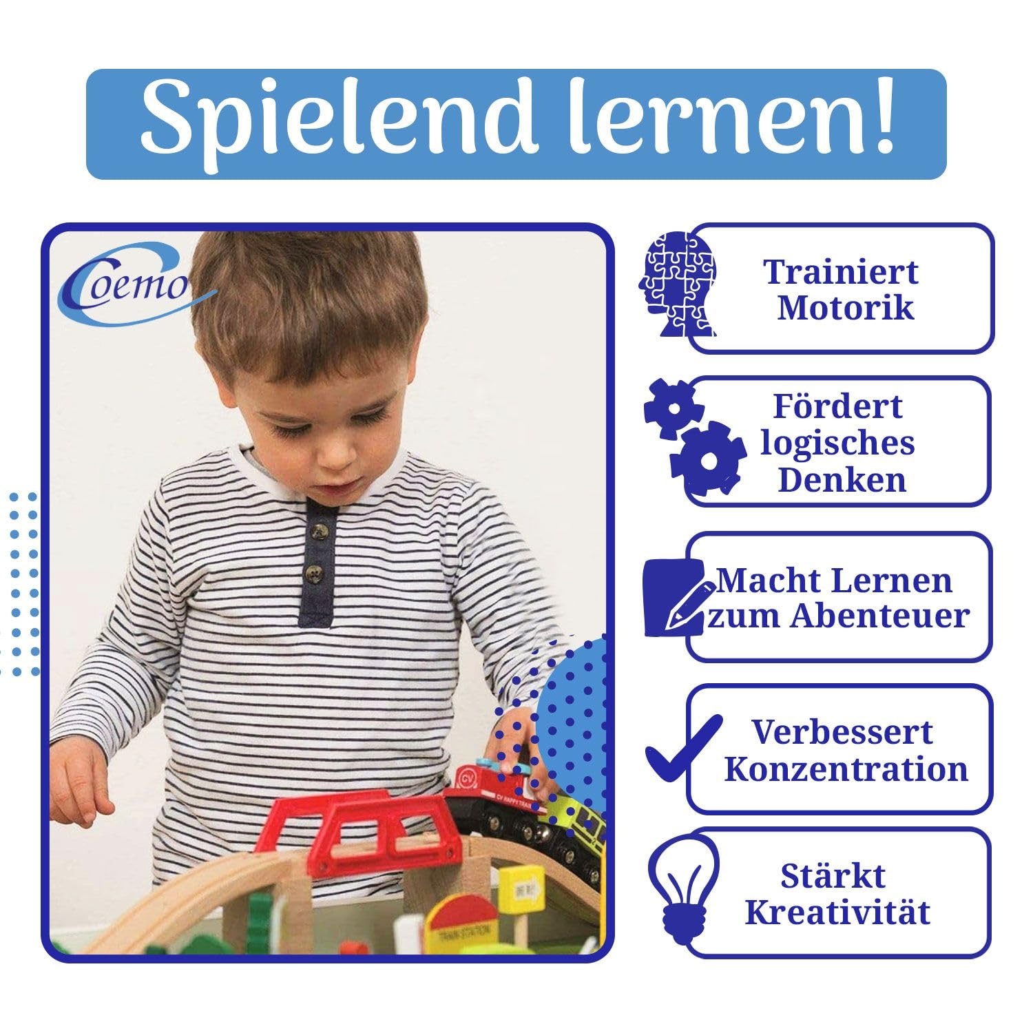 Coemo Spieltisch inkl. Set 90-TLG. Holzeisenbahn, Natur, Motorikspielzeug | Mit umkehrbarer, abnehmbarer Tischplatte, Gleise, Zug, Geschenk für Kleinkinder, Jungen und Mädchen ab 3 Jahren