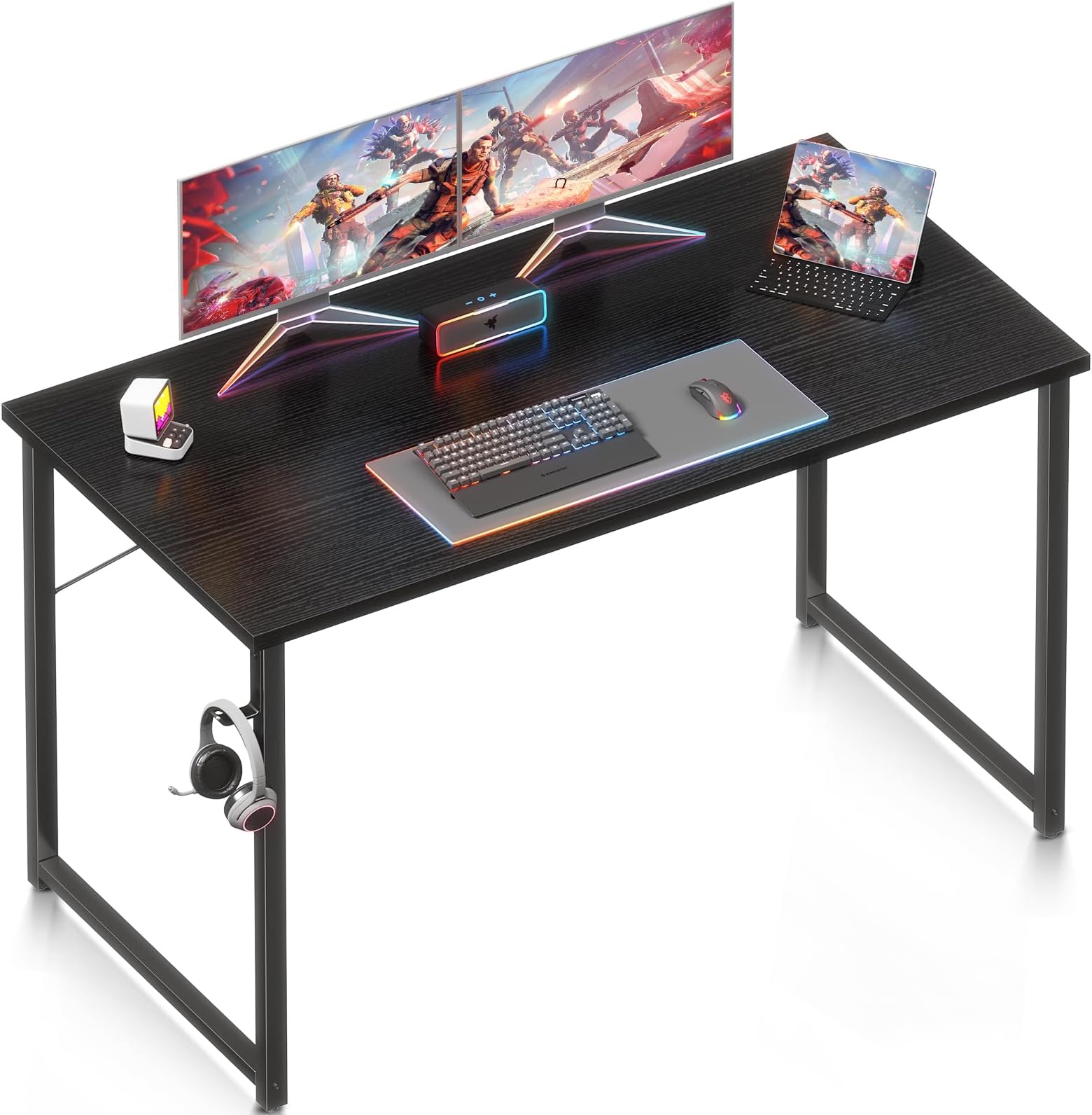 ODK 48 Inches Computer Desk for Small Spaces, Study Table for Home Office, Writing Desk with Headphone Hooks, Black