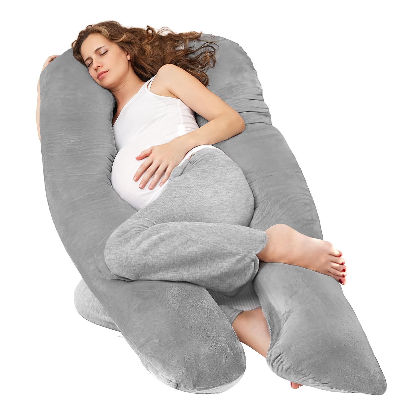 Nuliie Almohada Embarazada Dormir, Cojin Embarazada en Forma de U, Almohada Embarazo para Soporte de Espalda, Caderas y Piernas, Almohada para Embarazadas con Funda de Terciopelo Lavable (Gris)