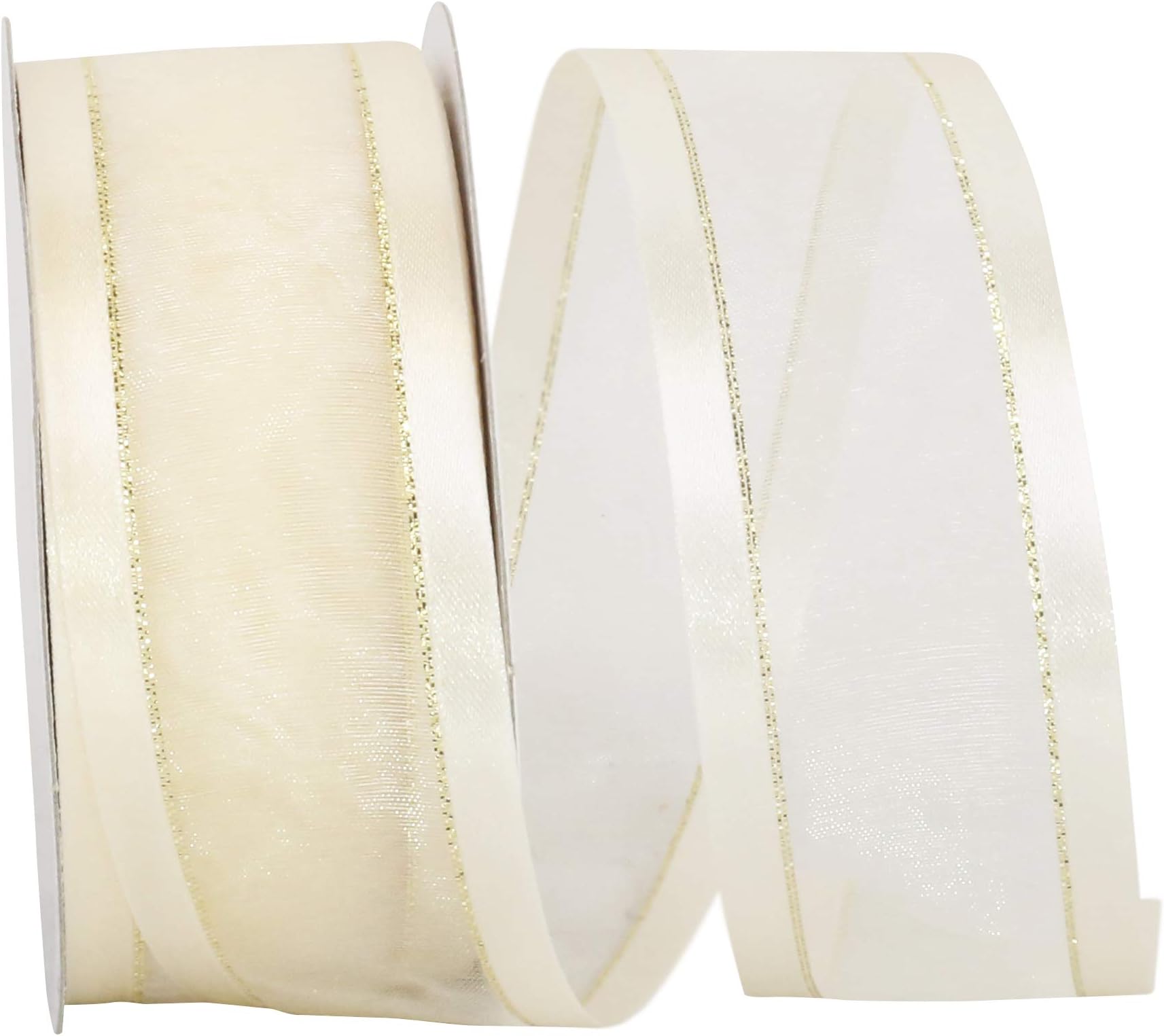 Reliant Ribbon Sheer Satin Edge Metallic Ribbon, 1-1/2 Inch X 25 Yards, Ivory