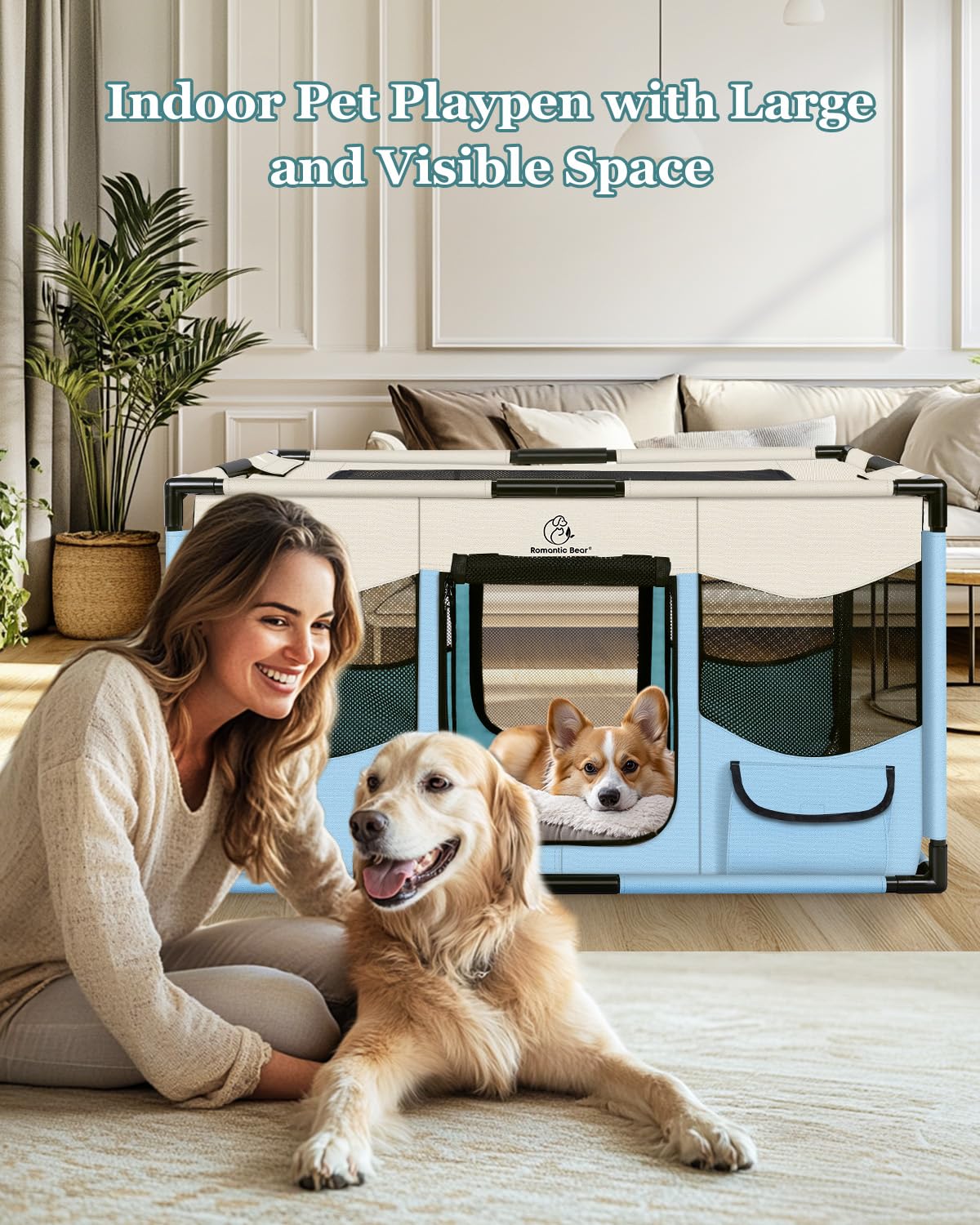 Dog Playpen, Sturdy Puppy Playpens, 39x24x22 Inches Portable Soft Cat Kennel Crate, Indoor & Outdoor Pet Pen with PVC Pipe Frame, Lightweight Cage for Small Animals with Carrying Bag (Blue L)