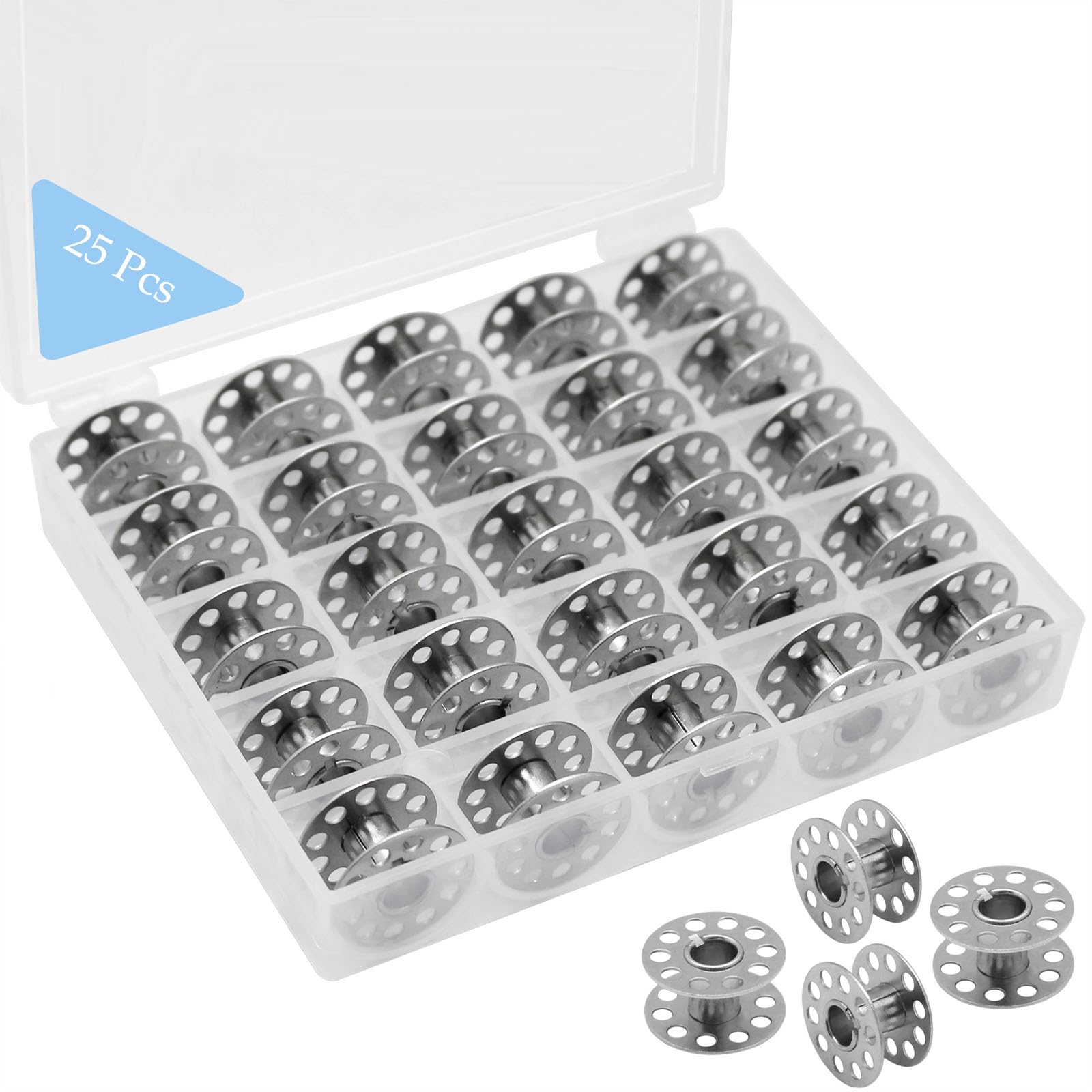 YEQIN 25 Pcs Metal Bobbins for Sewing Machine with Storage Box, A Class 15 Universal Bobbins in Case Compatible with for Brother, Janome, Singer, Bernina, Toyata, Anime, Kenmore, Elna, Babylock