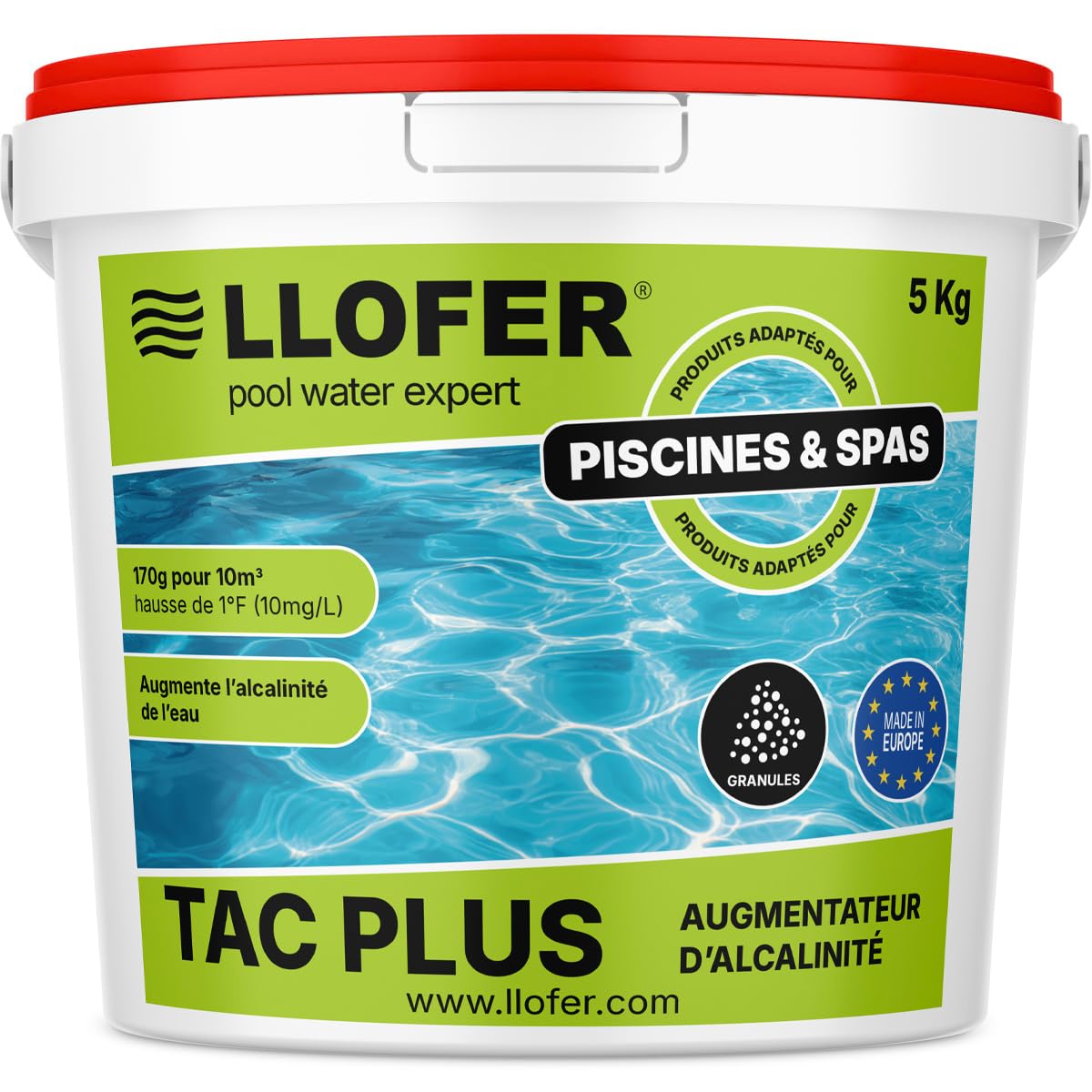 Llofer TAC+ – Correcteur d'Alcalinité Piscine en Poudre – Stabilise le pH & Améliore le Confort de Baignade – Seau 5 kg