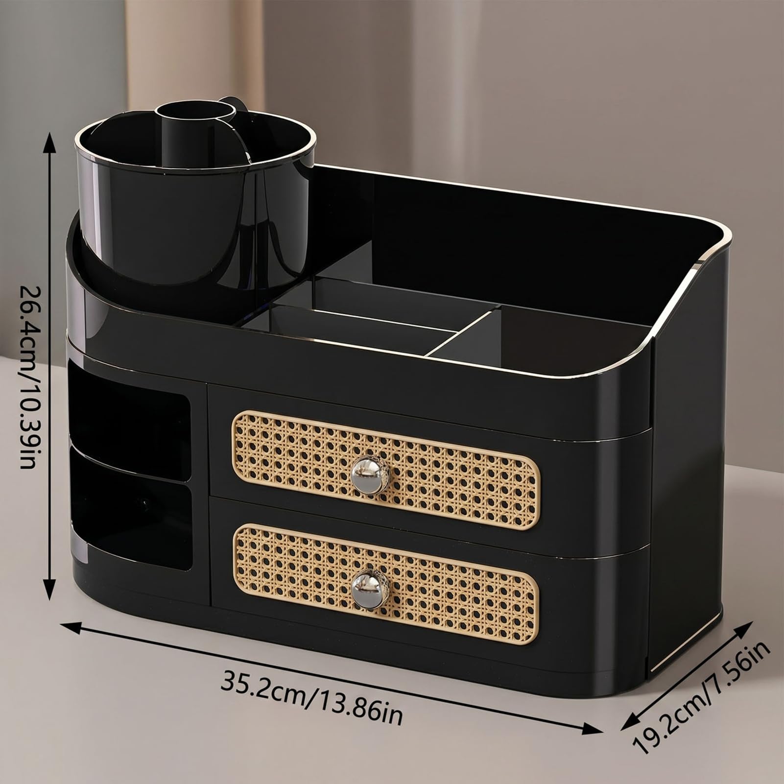 Asixxsix Organizer per Trucco da Scrivania in Rattan, con 2 Cassetti e Scomparti Multistrato per Cosmetici Cura della Pelle Vanity Bagno Controsoffitto Home Office (BLACK)