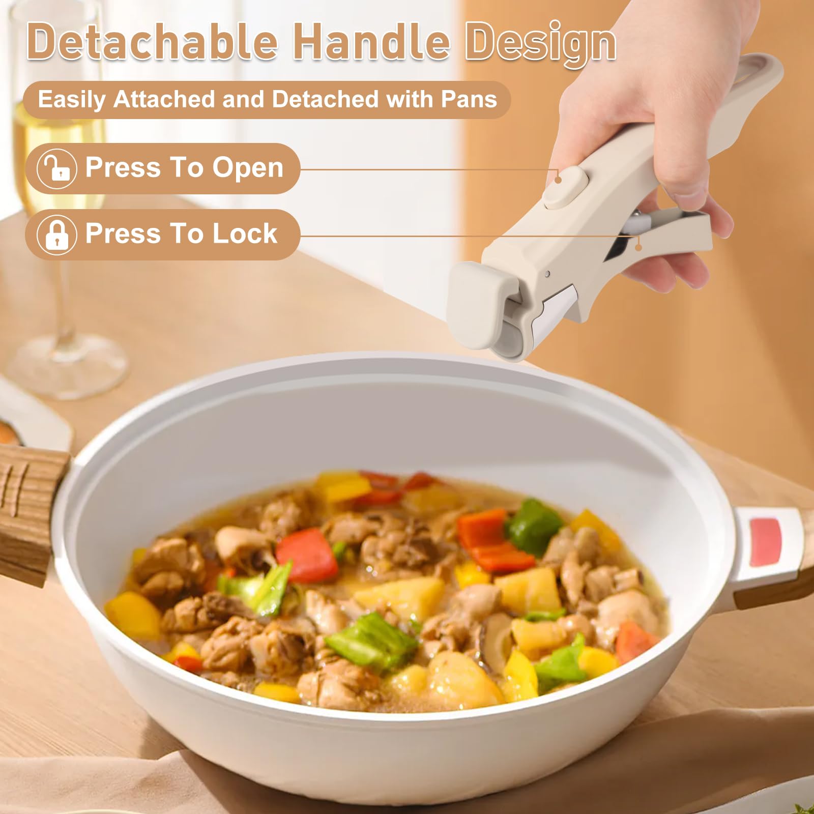 Wayona Removable Handle for Pots and Pans - Universal Detachable Pan Handle Replacement - Heat-Resistant Plastic, Stainless Steel, Silicone - Cream White — Amazon image 2