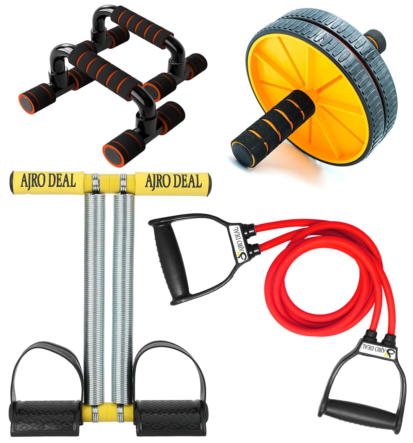 ajro deal 4-in-1 total body workout set push-up bars, abs roller, tummy trimmer & resistance tube for home gym