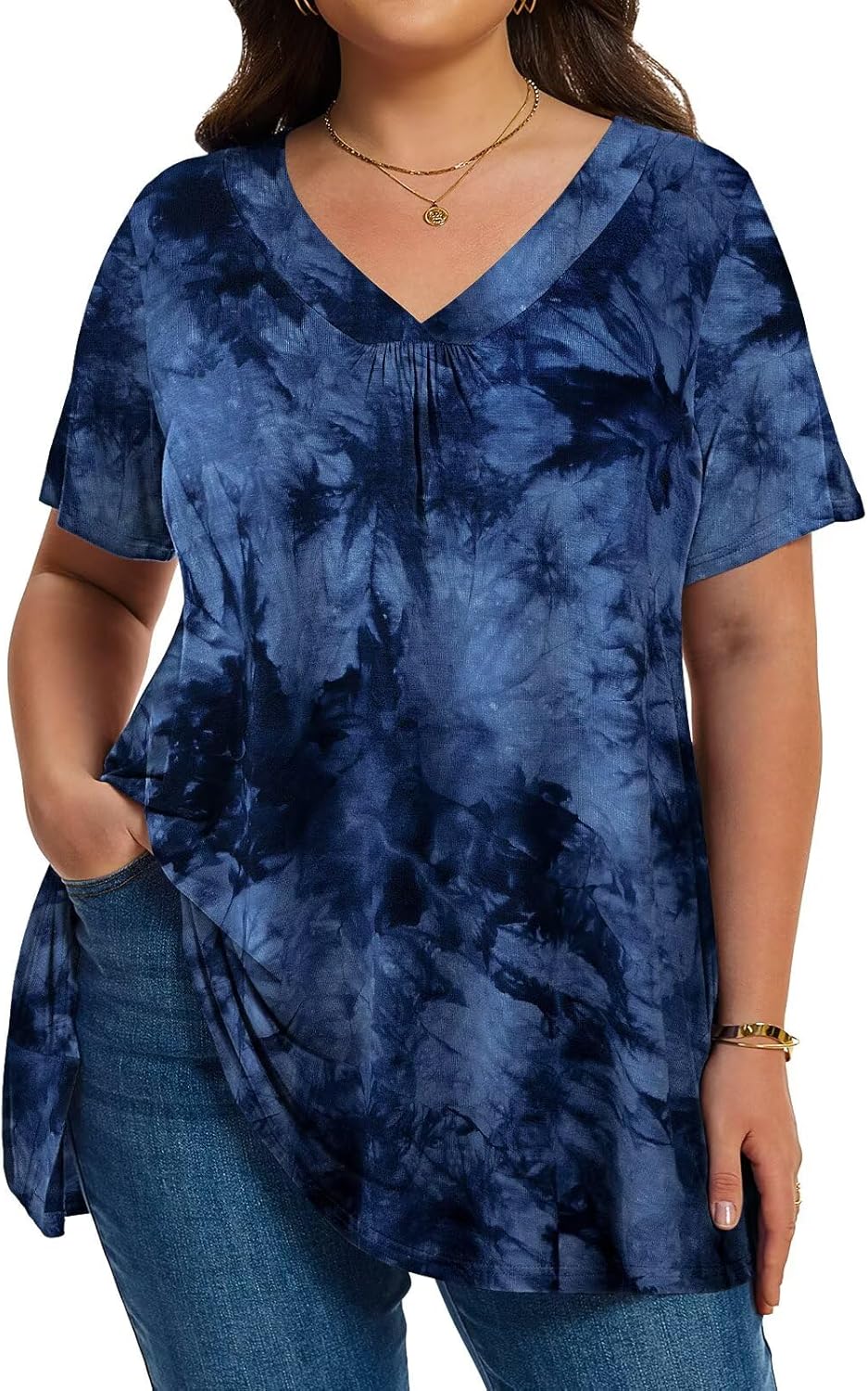LARACE Plus Size Tops for Women Short Sleeve Women's V Neck Pleated Tunics Dressy T-Shirts Summer Clothes Loose Fit Blouses