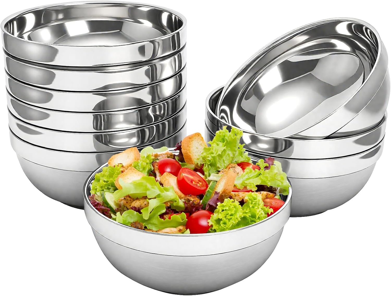 yarlung 10 Pack Stainless Steel Bowls 6.3 Inch Snacks Bowls, 25 Oz Soup Bowls Lightweight Salad Bowls Double-walled Metal Serving Dishes for Sauces, Noodle, Ice Cream