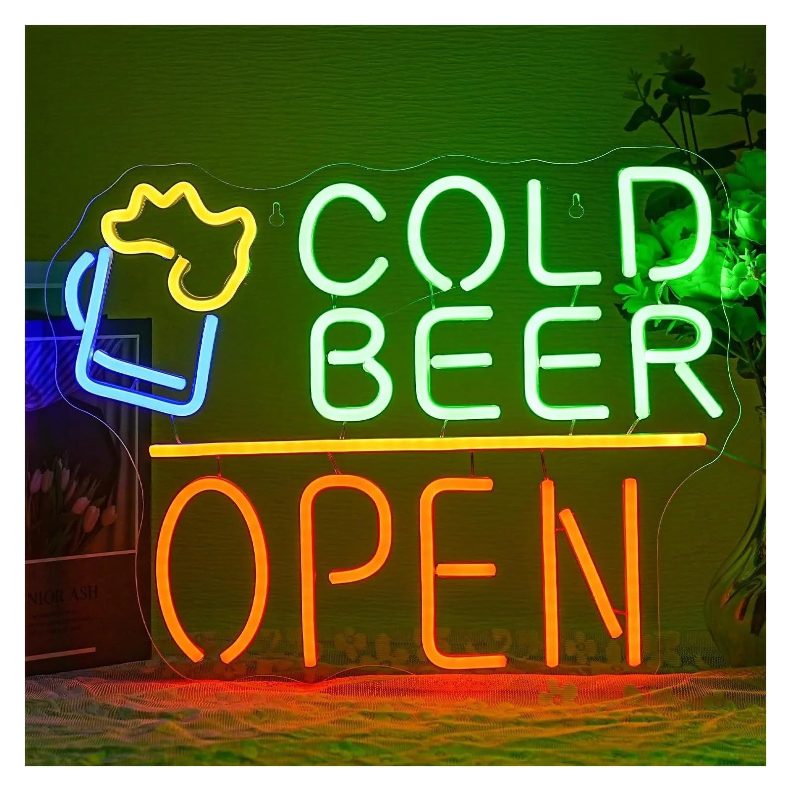 RONGCH Hanging Art Signs Cold Beer Open Neon Sign Adjustable Brightness for Wall Decor Man Cave Store Bar Party Bistro Decoration 32x42cm