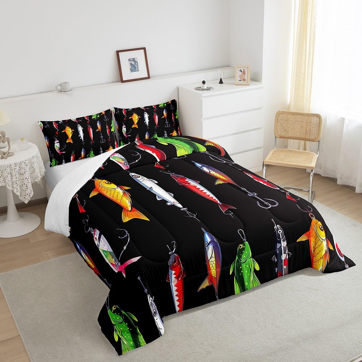 Erosebridal Fish Comforter Set Hunting Bedding Twin Size Colorful Fish Hook Fishing Theme Bedding Comforter Sets Sea Animal Quilt Black Room Decor Down Comforter for Kids Boys Girls Teens