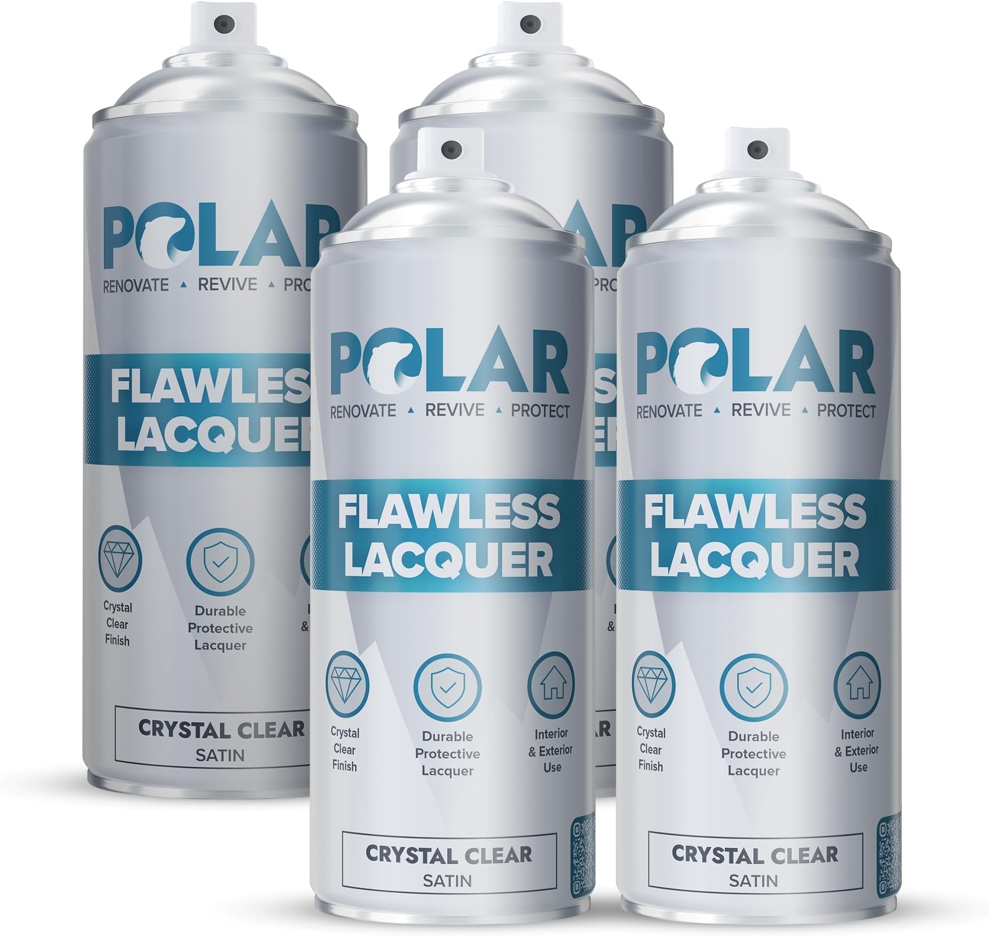 Polar Flawless Lacquer Spray - 4x400ml, Clear - Protective Coating for Wood, Ceramic, Glass, Plastic & Metal - Scratch Resistant & UV Protection - Primer for DIY, Interior & Exterior - Satin Finish