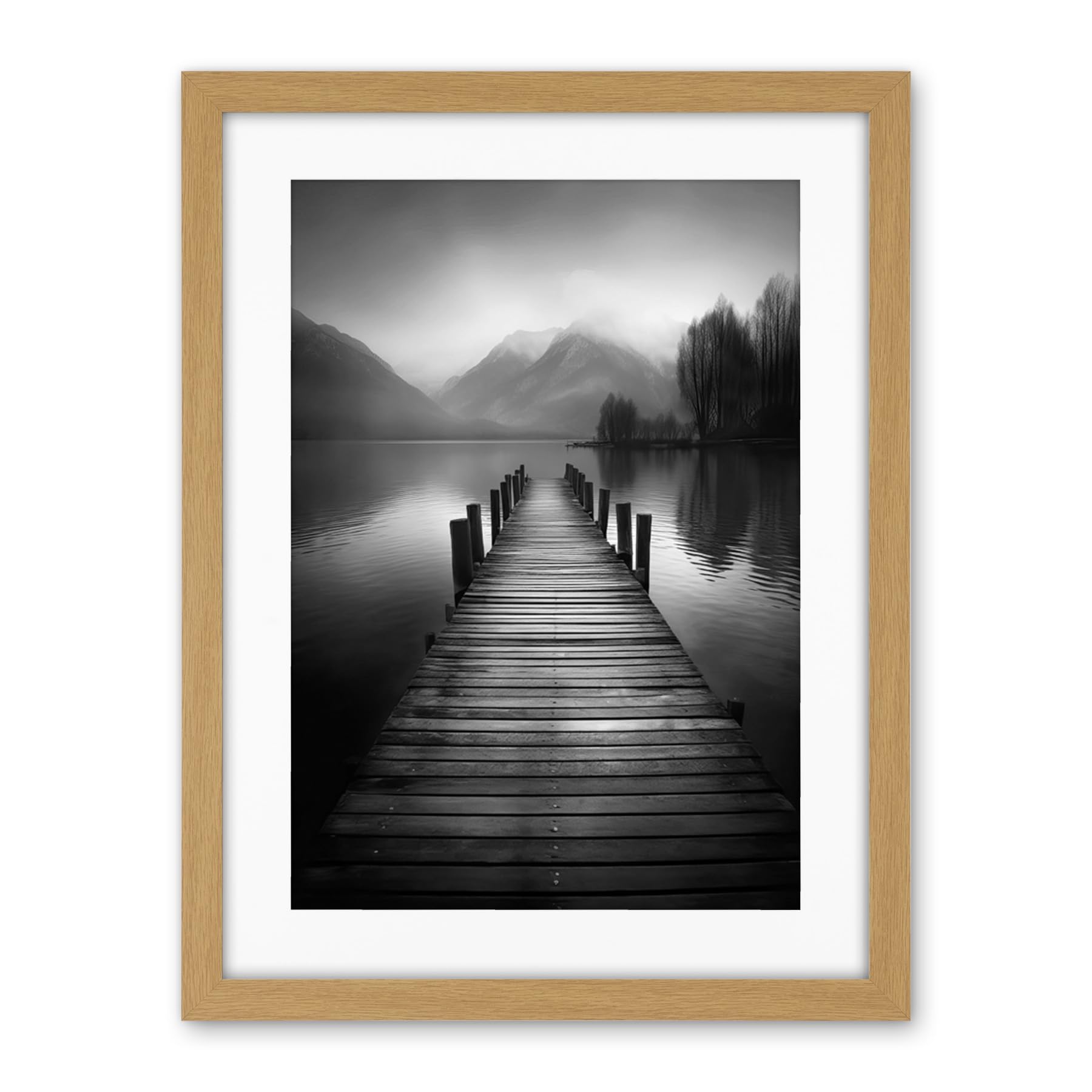 Artery8 Lake Pier Mountain Landscape Black and White Photo Artwork Framed Wall Art Print 18X24 Inch