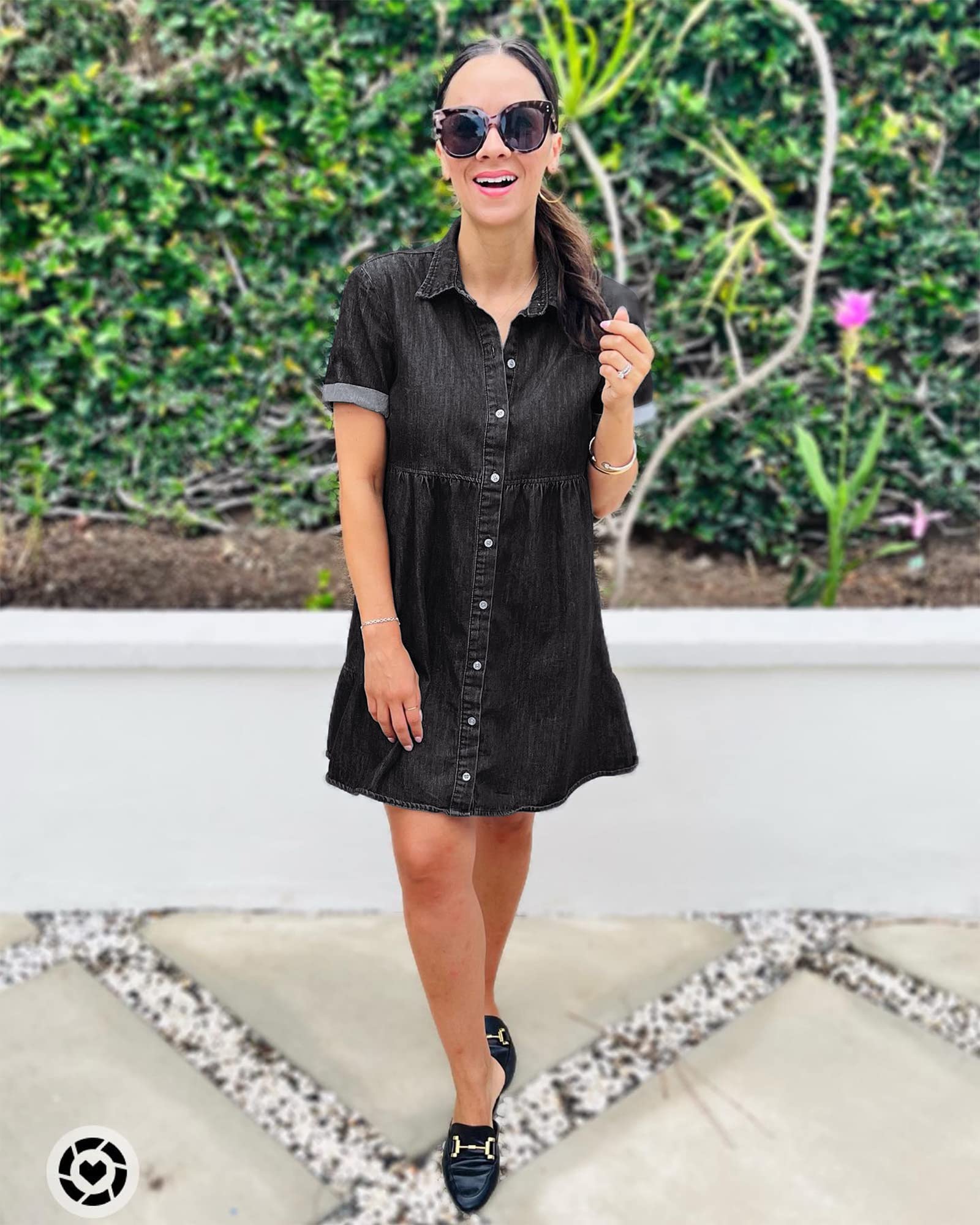 LookbookStore Women's Short Sleeve Button Down Flowy Tiered Babydoll Denim Dress