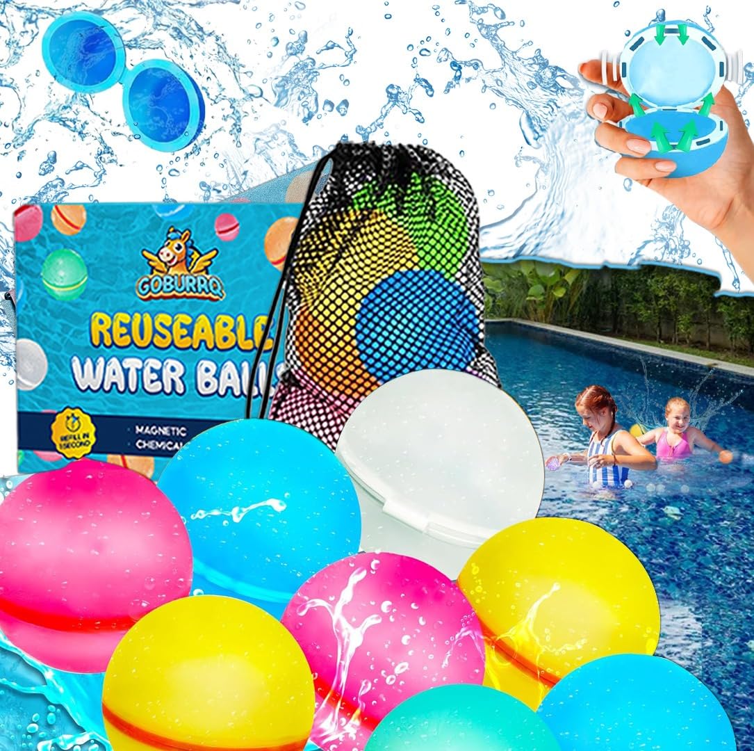 Magnetic Reusable Water Balloons Toys - GOBURAQ 12 QuickFill,Self Sealing,Refillable Ball,Easy Fill-Outdoor Swimming Pool Toy,Summer Splash Games,Halloween, Christmas & Party Gifts العاب مائيه