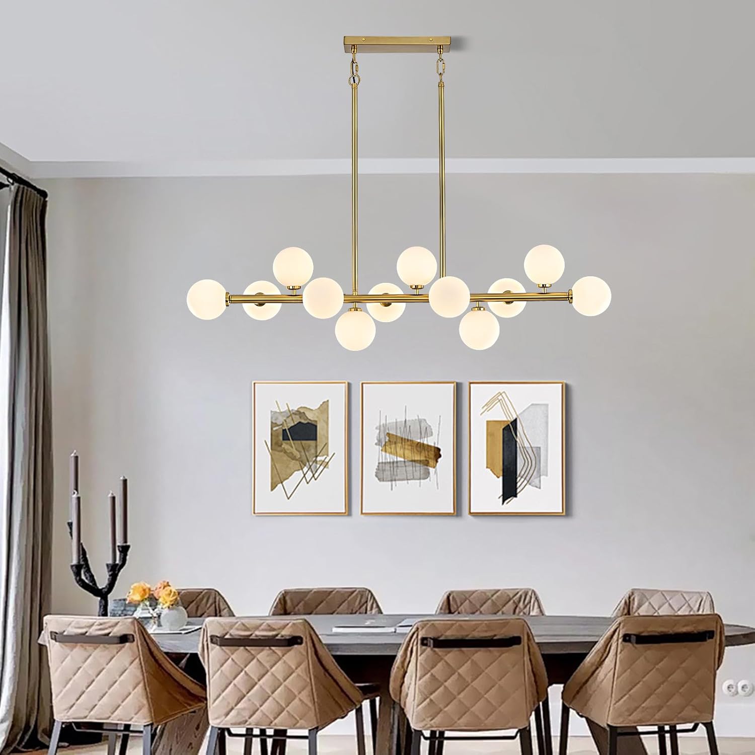 50" Large Glass Globe Sputnik Chandelier, 12-Light Mid Century Modern Dining Light Fixture Over Table, Brass Gold Linear Chandeliers for Dining Room Kitchen Island Living (Milk White Bubble)