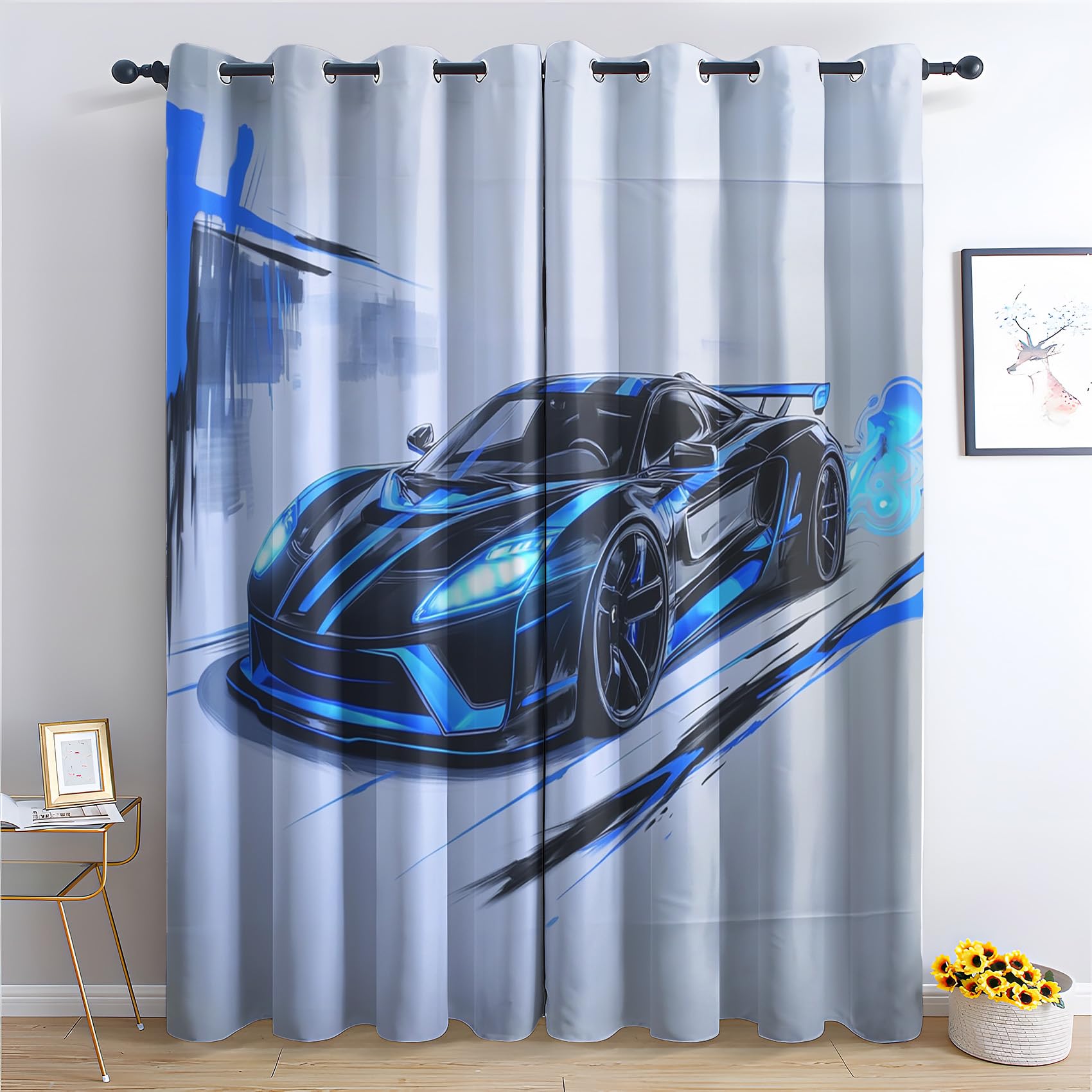 Rideau Occultant Voiture de Course - Décoration Voiture de Sport, Rideau Thermique Motif Garçon Sport Extrême, Lot de 2 Rideaux Opaque à Oeillets pour Fenetre Chambre Salon, 140x160 cm (LxH)