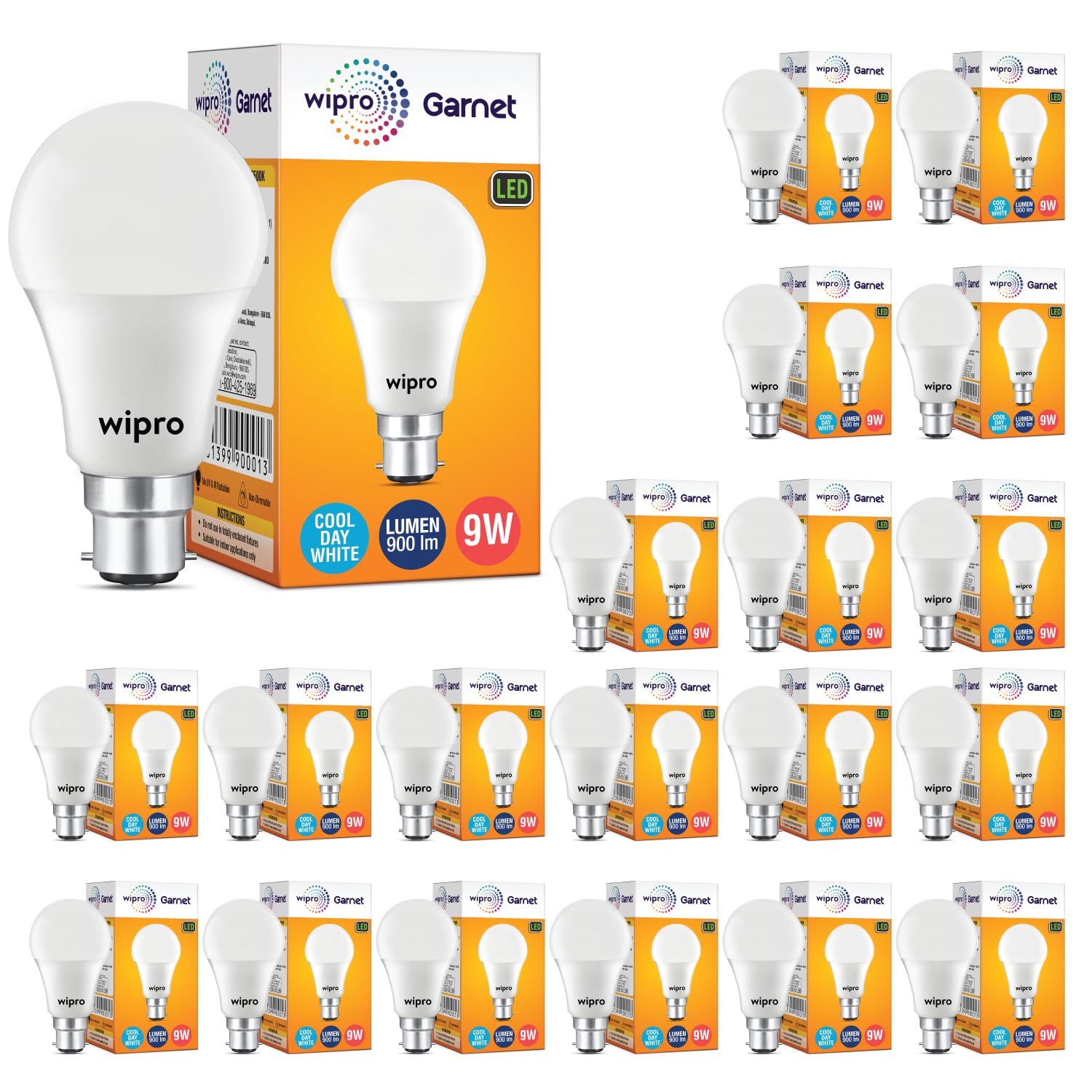 wipro Garnet 9W LED Bulb for Home & Office |Cool Day White (6500K) | B22 Base|220 Degree Light Coverage |4Kv Surge Protection |400V High Voltage Protection |Energy Efficient | Pack of 20
