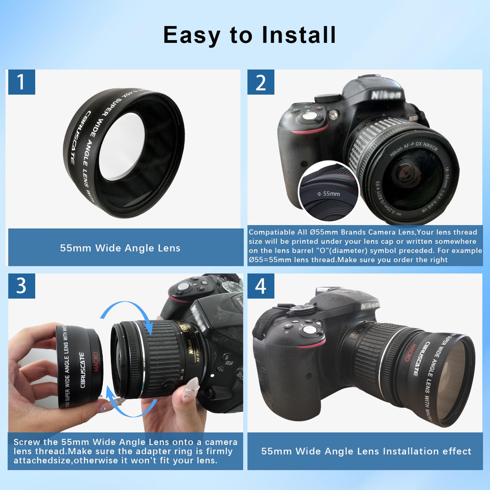 Obiettivo grandangolare da 55 mm 0,45x, con fotografia macro, ingrandimento migliorato, compatibile con tutti gli obiettivi della fotocamera DSLR da 55 mm + 1 panno per la pulizia dell'obiettivo