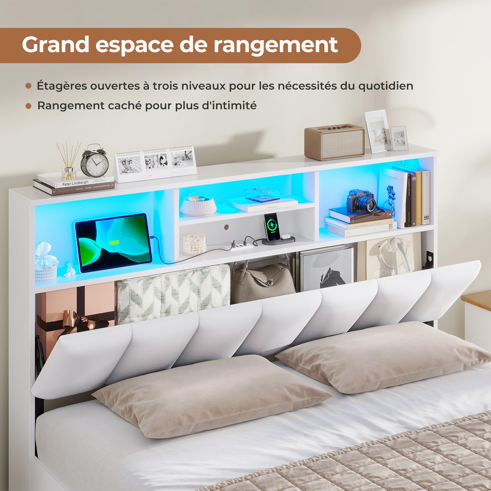 AOGLLATI Bett 140×200 cm, Polsterbett mit Ladestation und LED-Beleuchtung, Doppelbett Stauraumbett mit Stauraum Kopfteil, 4 Schubladen, Lattenrost, ohne Matratze(für 140 x 200 cm Matratze), weiß